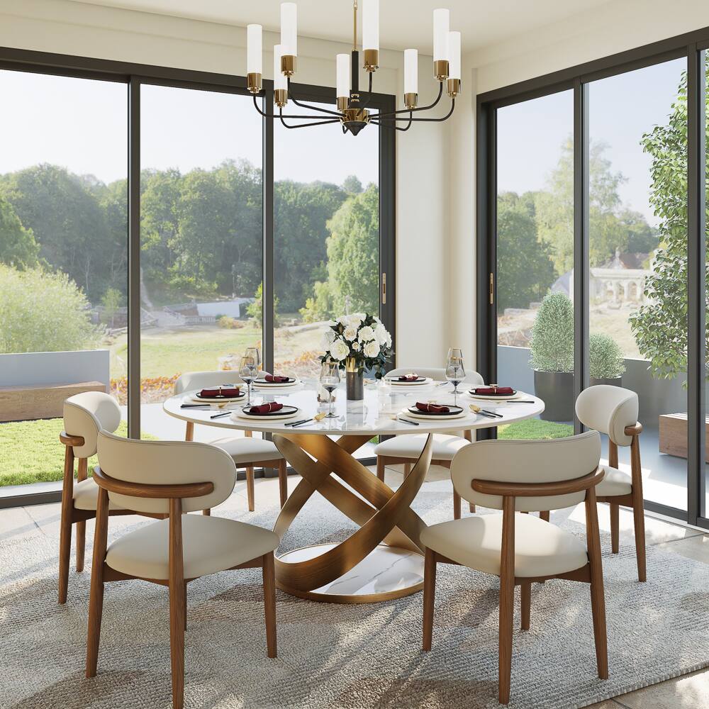 Angle. POVISON - 59" Modern White Round Dining Table for 4, Glossy Sintered Stone Tabletop with Bronze X Carbon Steel Base - White Glossy Sintered Stone with Bronze.