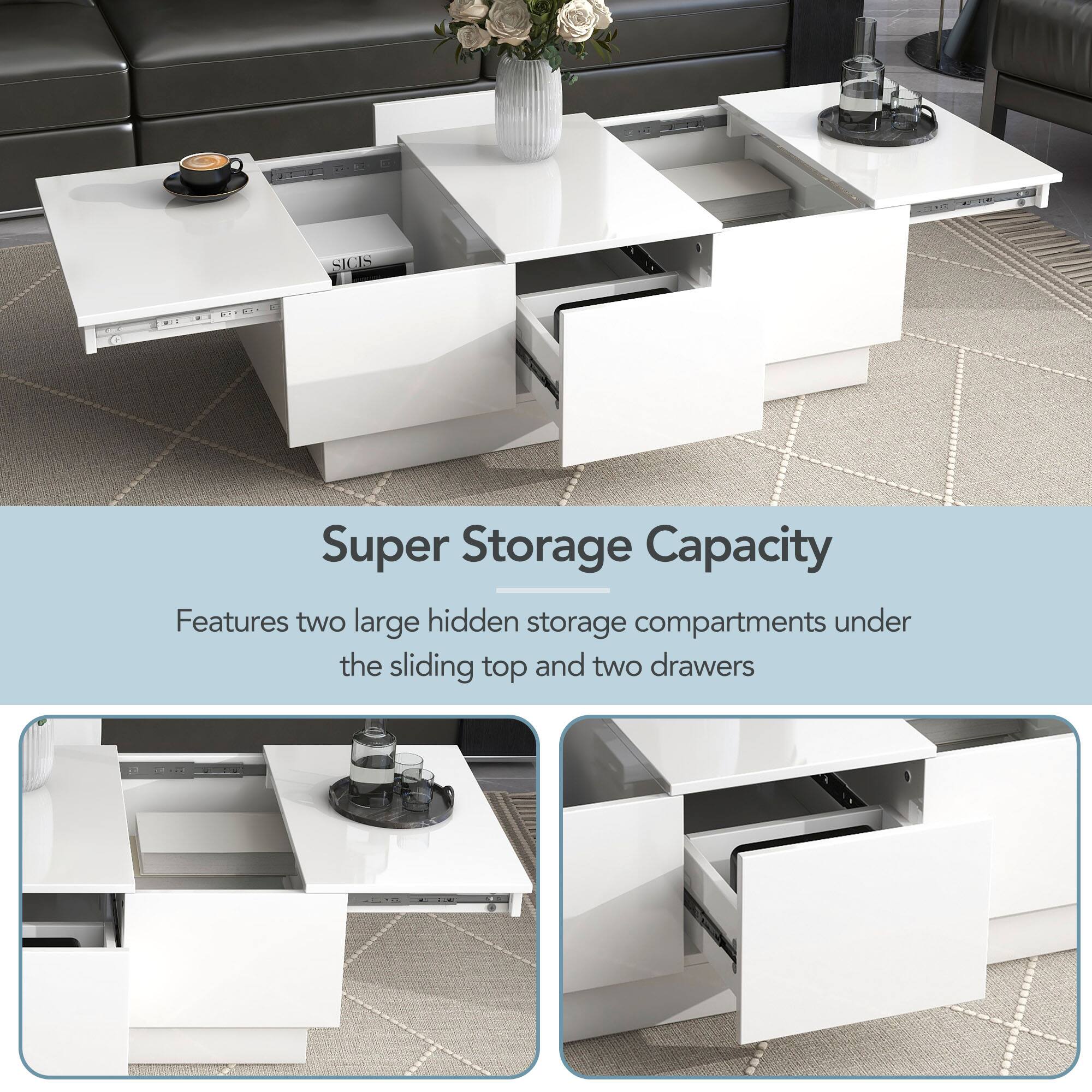 Super Storage Capacity

Features two large hidden storage compartments under the sliding top and two drawers