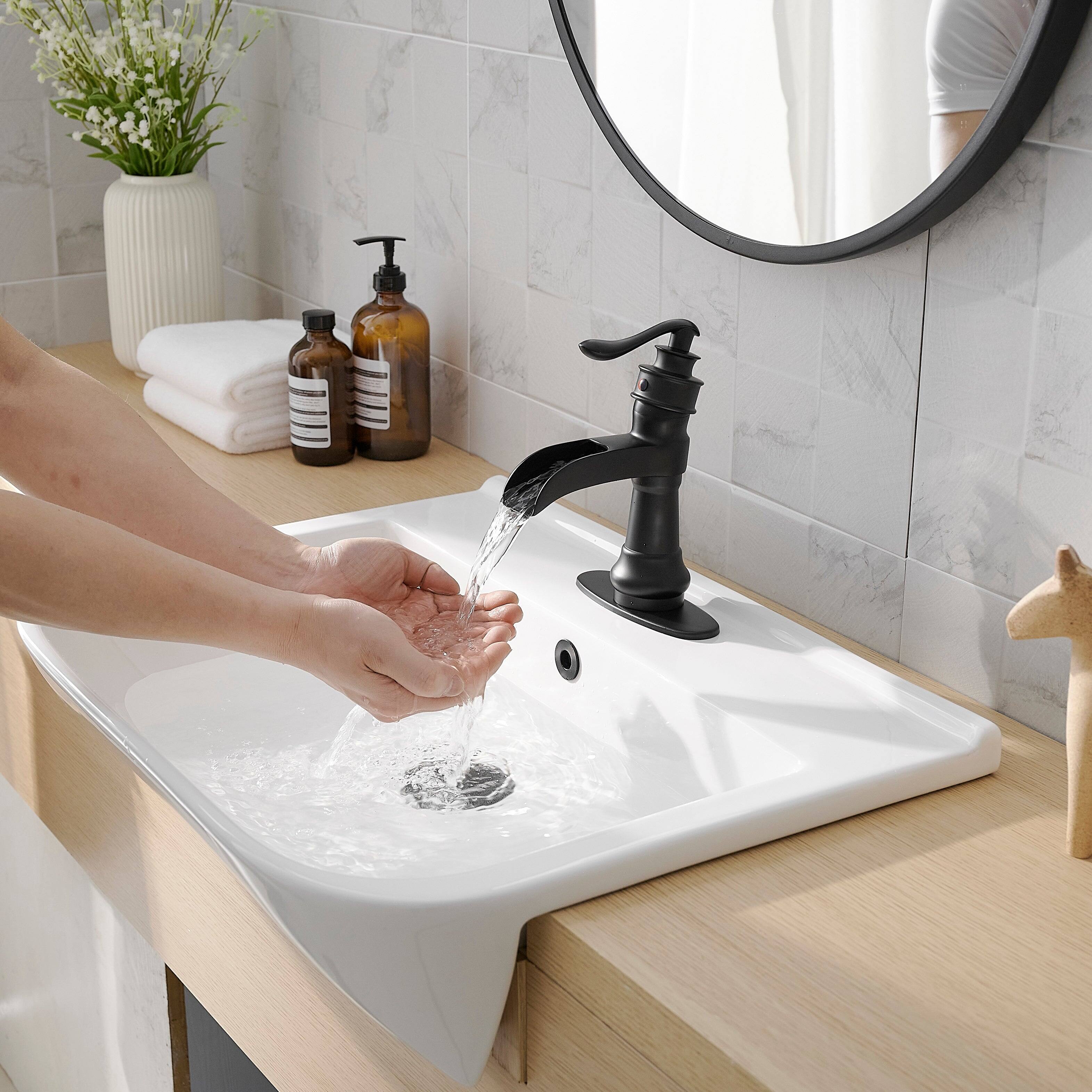 Alt View 9. Boyel Living - Waterfall Single Hole Single-Handle Low-Arc Bathroom Faucet with Pop-up Drain in Matte Black - Matte Black.