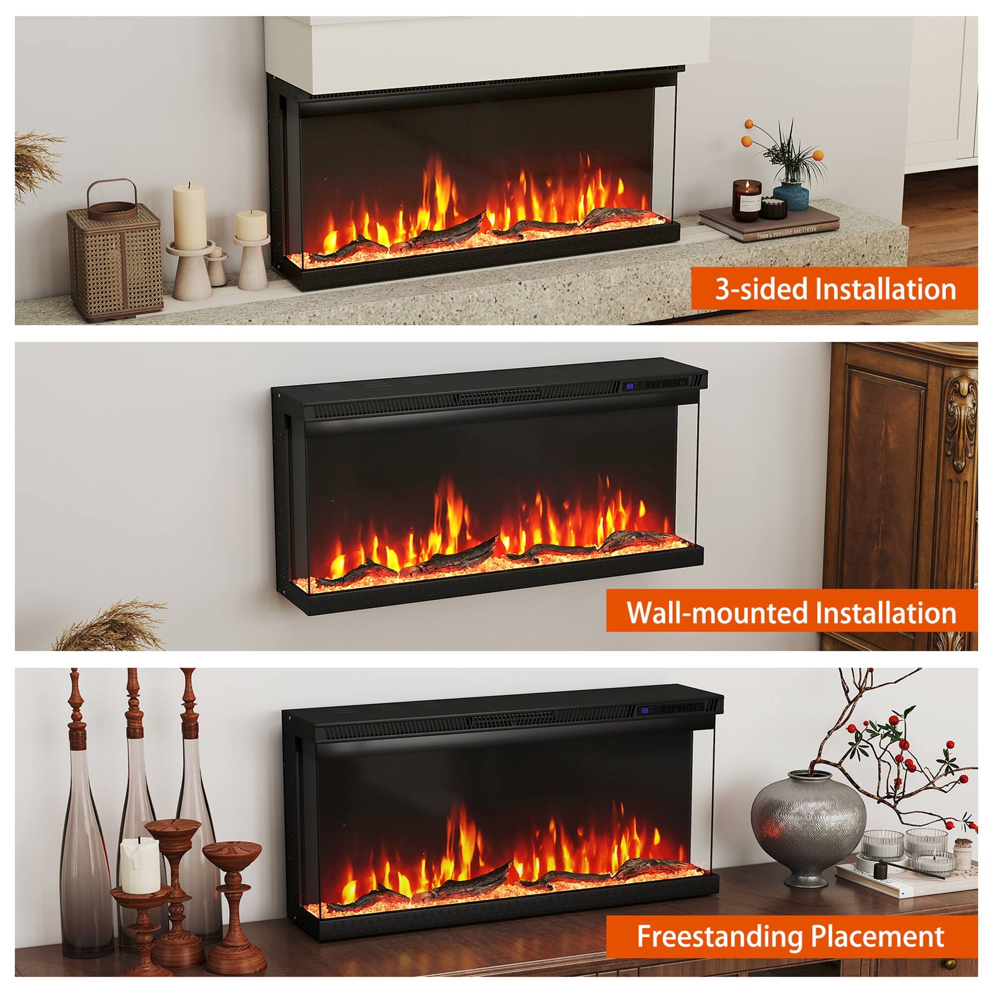 Boyel Living 36 Inch Wide 3 Sided Electric Fireplace Insert with Remote