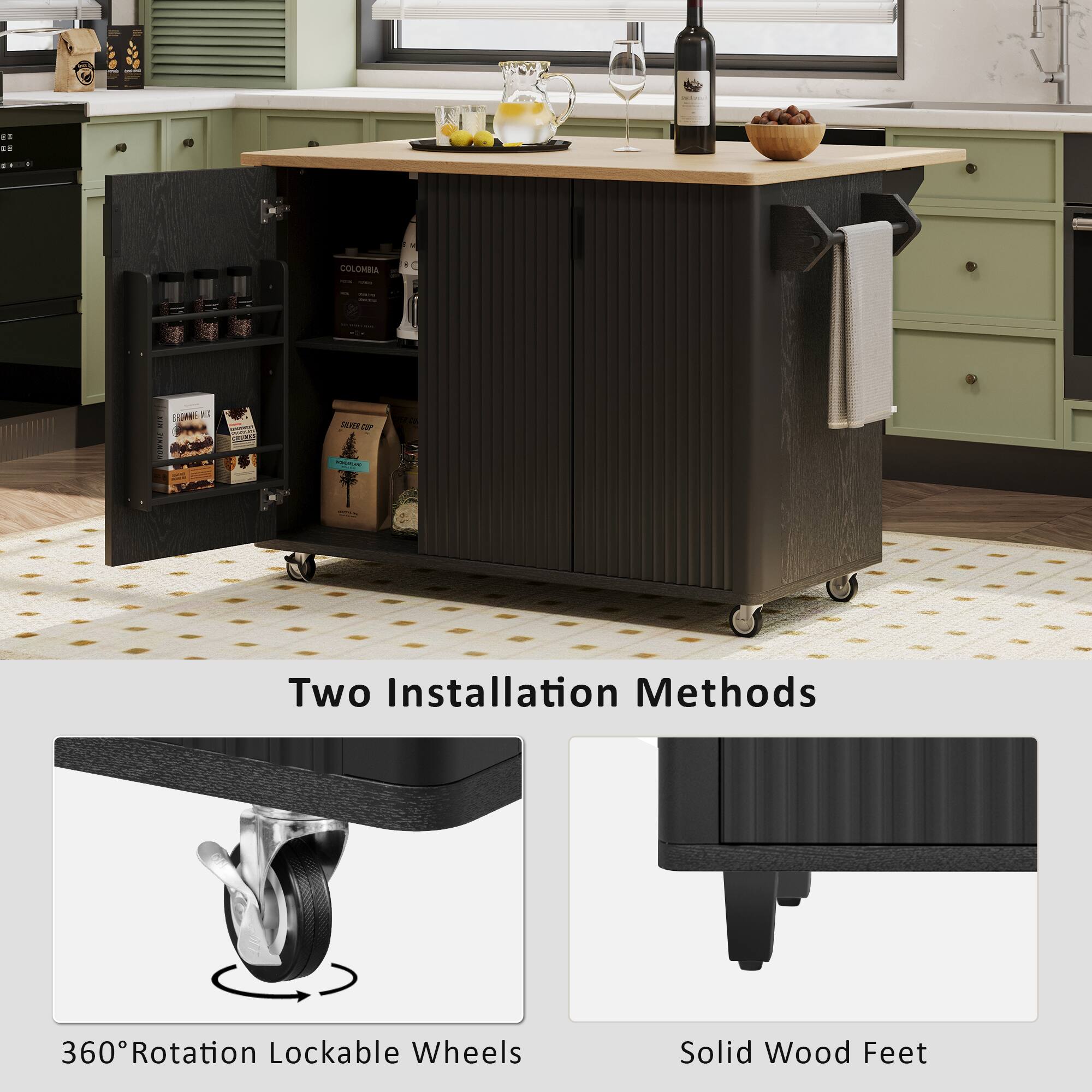 Two Installation Methods

360° Rotation Lockable Wheels

Solid Wood Feet