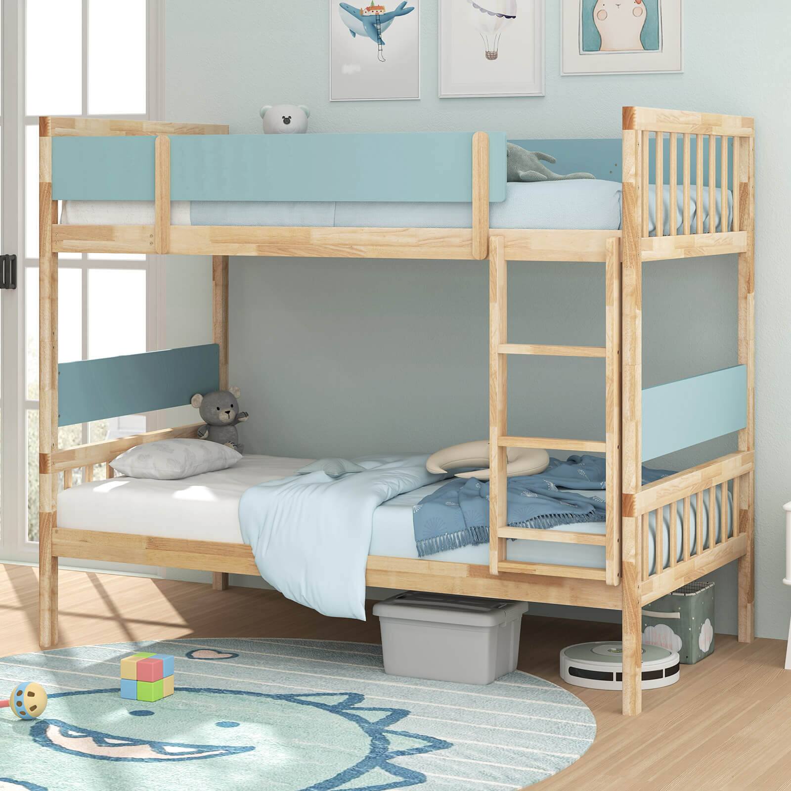 Left. Costway - Twin Over Twin Bunk Bed Solid Wood Bed Frame with Ladder Full-length Guardrails - Natural.
