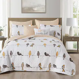 Hivvago - King size Yellow Brown Grey Floral Birds On Wire Lightweight 7 Piece Quilt Set - Yellow, Brown, Grey