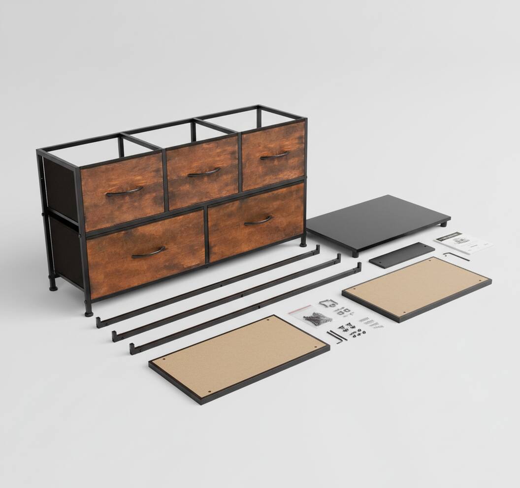 Back. AOITUN - 5-Drawer Wide Fabric Dresser for Bedroom - Tall Chest Drawer for Small Spaces - brown.