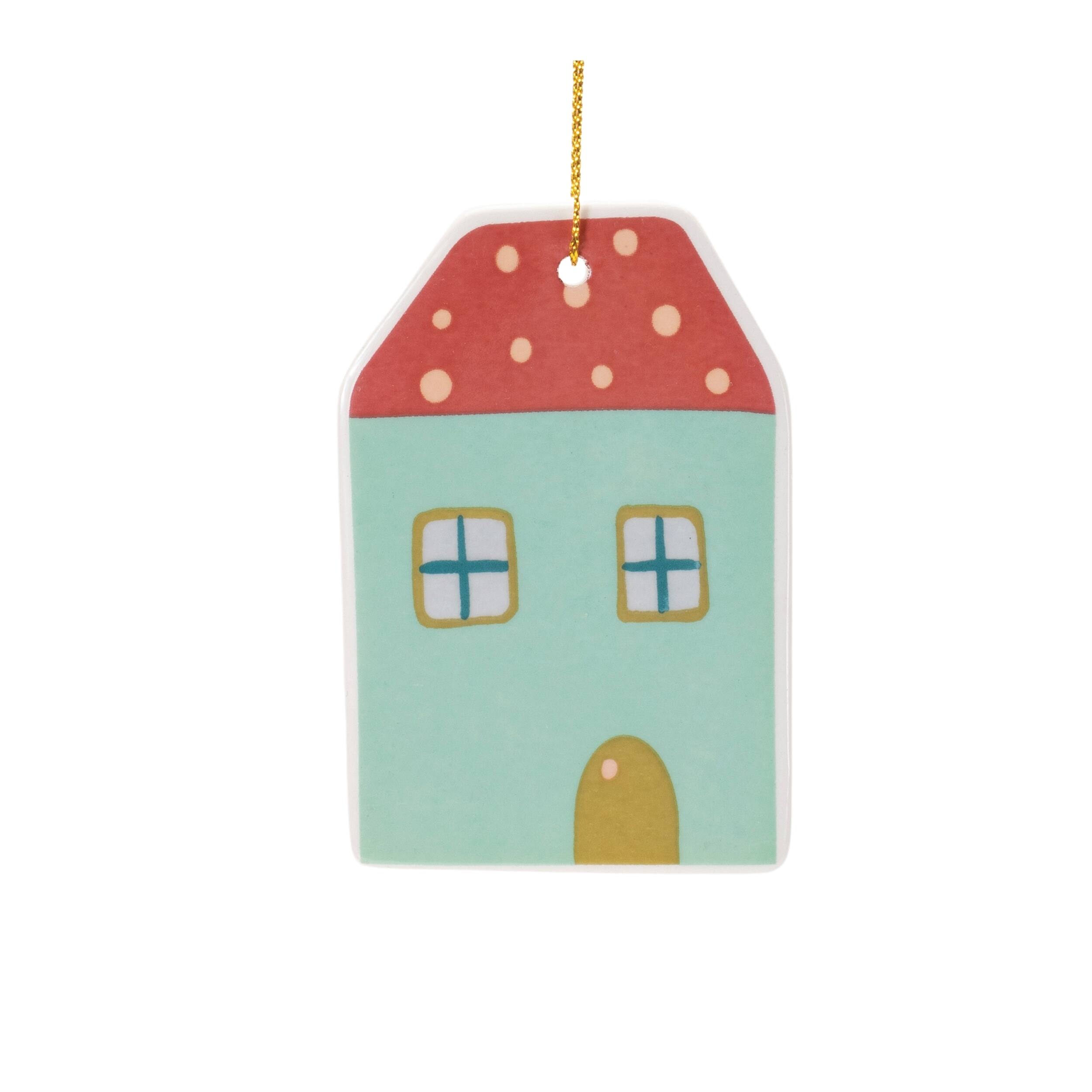 Back. BreeBe - Ceramic Winter House Ornament (Set of 12) - White, Red, Green.