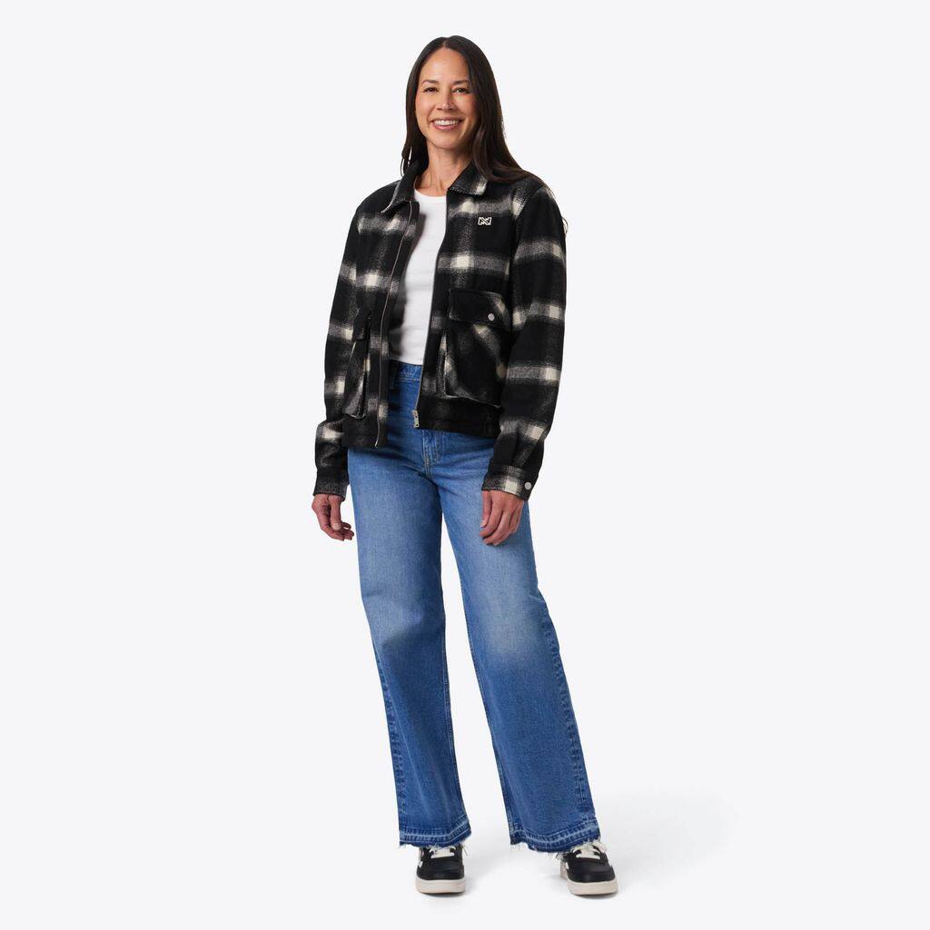 Angle. Mobile Warming - Women's Kodiak Plaid Heated Jacket - Black and White.