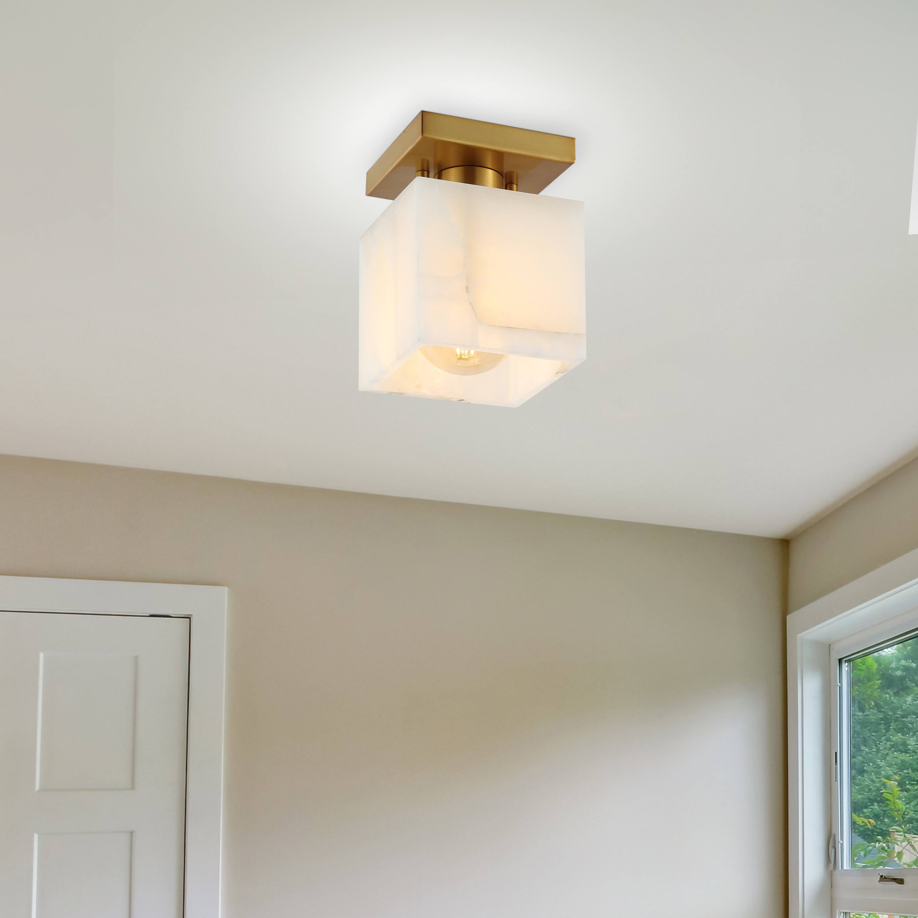 Alt View 1. Jonathan Y - Alessia 5" 1-Light Modern Contemporary Alabaster/Iron Cube LED Semi Flush Mount, White Marbling/Brass Gold - White Marbling/Brass Gold.