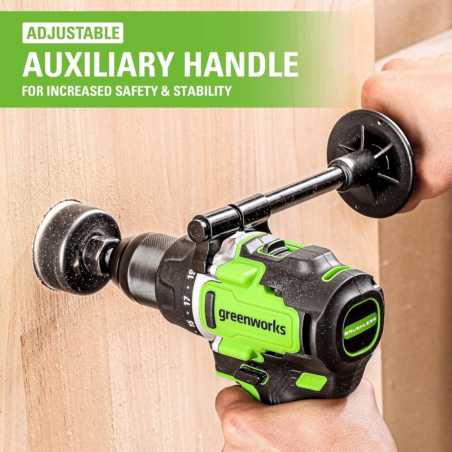 ADJUSTABLE AUXILIARY HANDLE FOR INCREASED SAFETY & STABILITY

greenworks BRUSHLESS