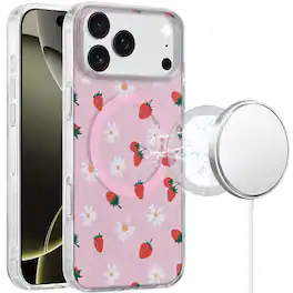 Kitcheniva - IMD Dual Layer Magnetic Circle Cover Phone Case With Tempered Glass For iPhone 17 Pro Max Strawberry - Red And Pink