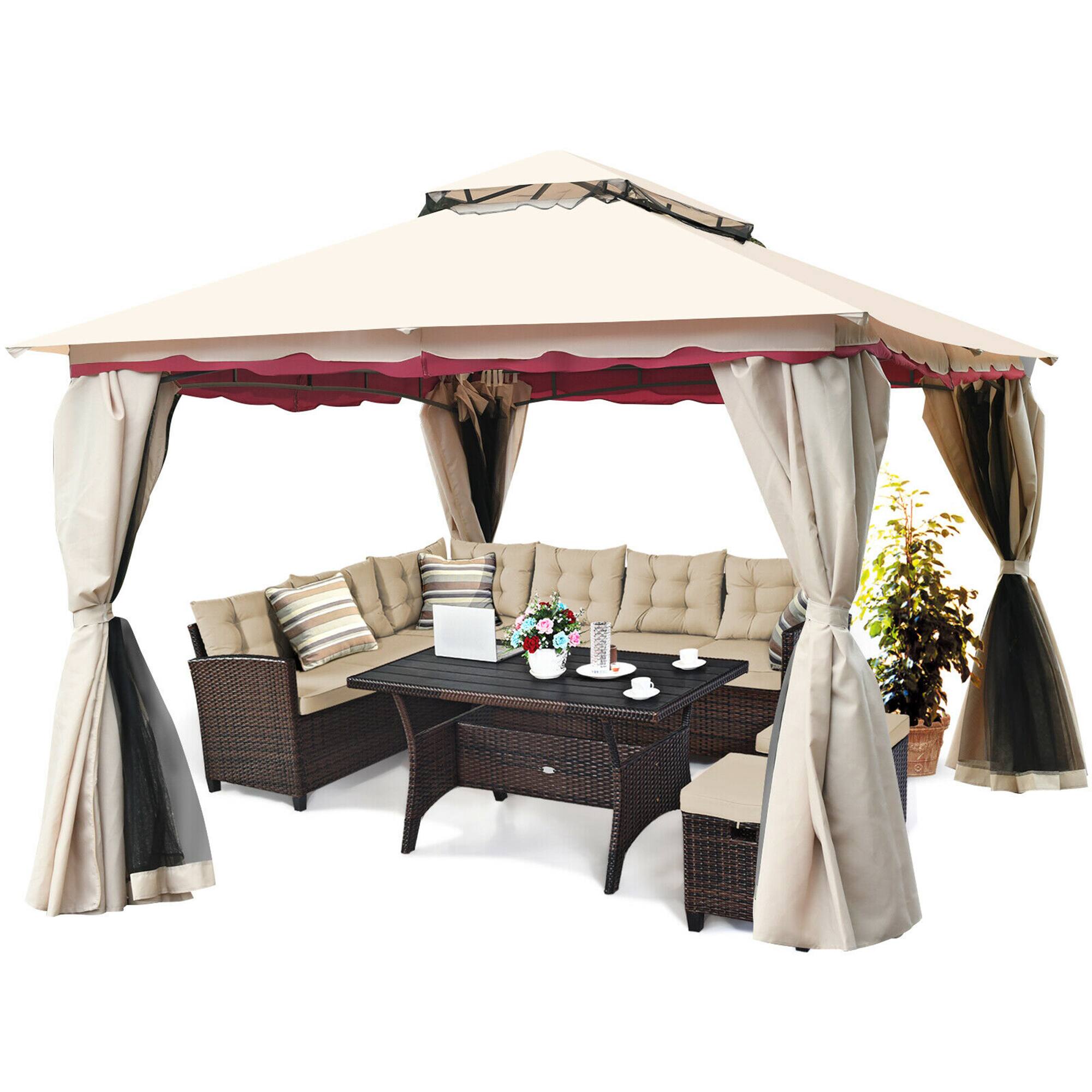 Alt View 4. Gymax - Gymax 13'x10'Outdoor Canopy Gazebo Art Steel Frame Party Patio Canopy Gazebo W/Netting - Sand color +Black.