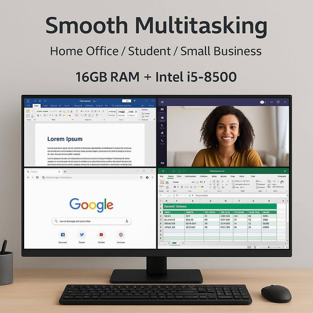 Smooth Multitasking  
Home Office / Student / Small Business  
16GB RAM + Intel i5-8500