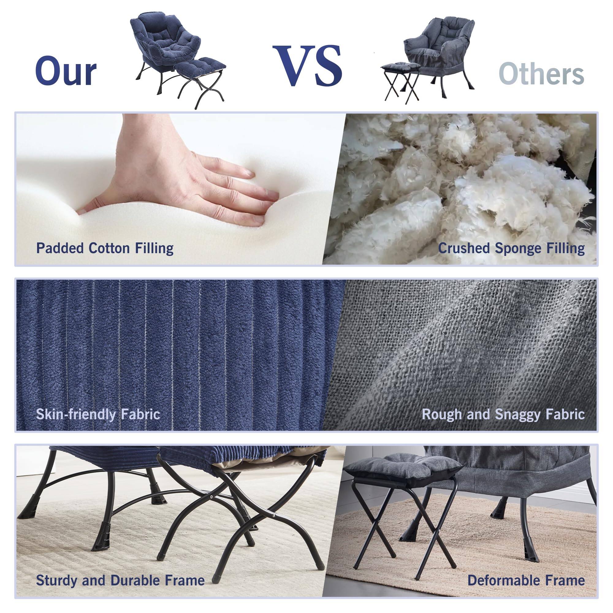 Our VS Others

- Padded Cotton Filling
- Skin-friendly Fabric
- Sturdy and Durable Frame

Others

- Crushed Sponge Filling
- Rough and Snaggy Fabric
- Deformable Frame