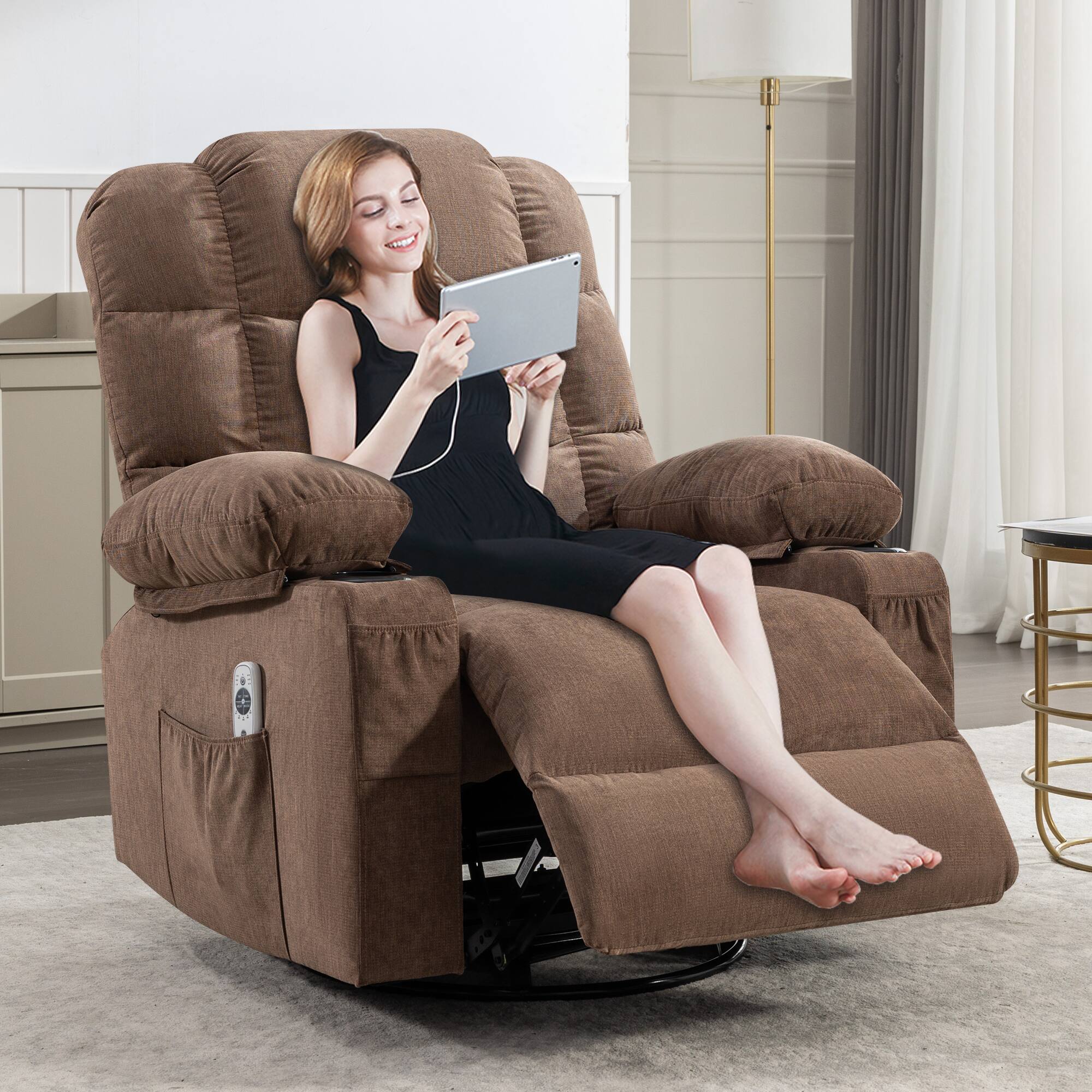 Alt View 2. APRILSOUL - Massage Rocker Recliner Chair Oversized 2 Cup Holders Usb Charge Port Manual Massage Heat Brown - Brown.