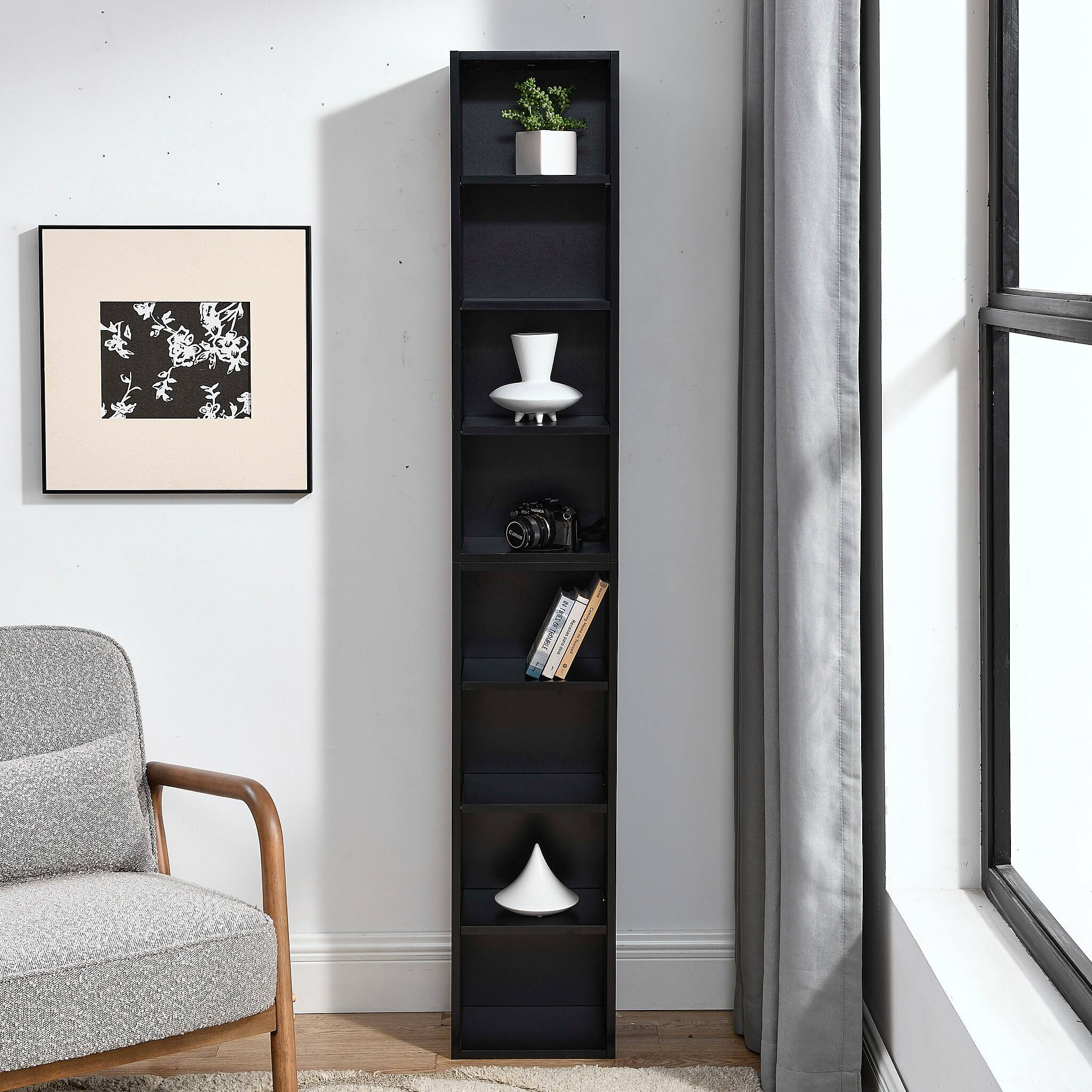 Alt View 2. Tiramisubest - 8-Tier Tall Narrow Bookcase Display Bookshelf with Adjustable Shelves, Multi-Functional Double-Decker Bookcase, Black - Black.