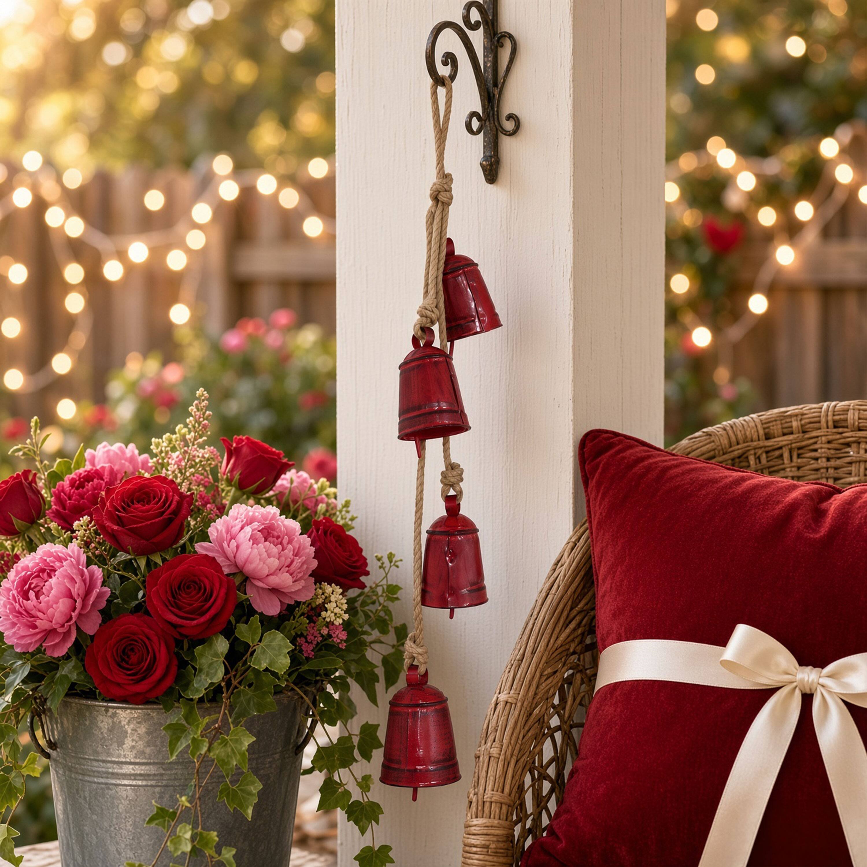 Alt View 4. Manhattan Lane - 27 Inch Decorative Wind Chime, 4 Cascading Cow Bells, Jute Rope, Boho Rustic Style - Antique Red, Natural Brown.