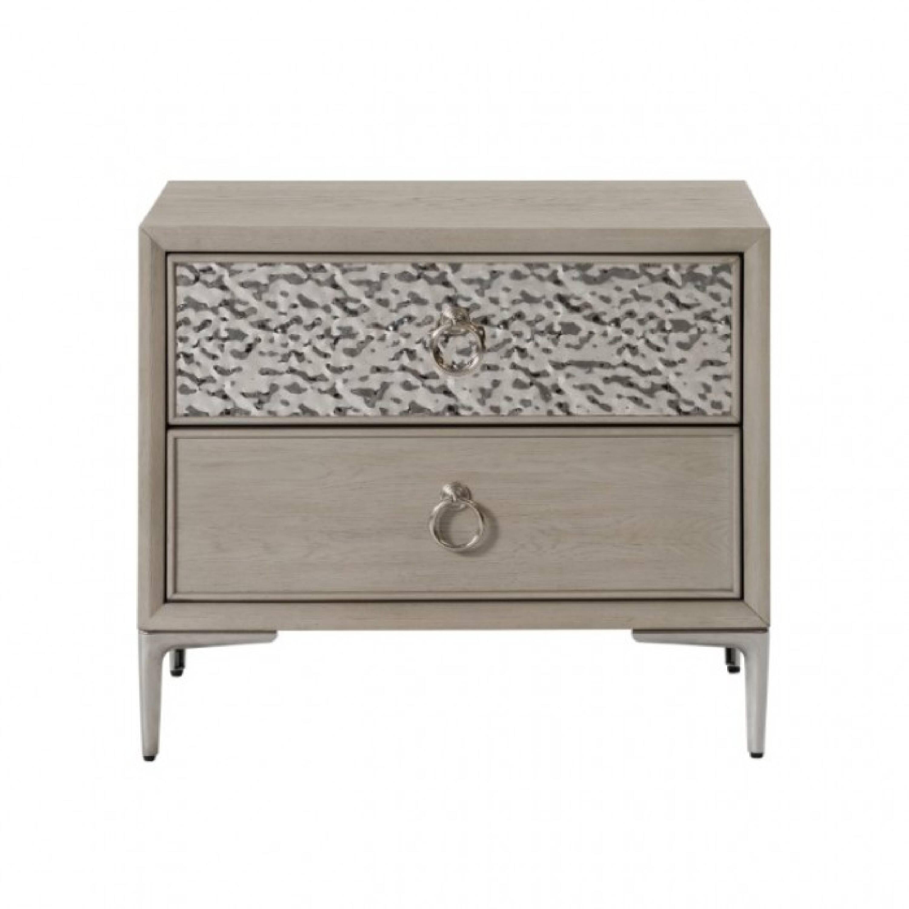 Alt View 1. Manhattan Lane - Kaira Nightstand with 2 USB Ports, Textured Metal - Natural Oak Brown, Silver, Champagne.