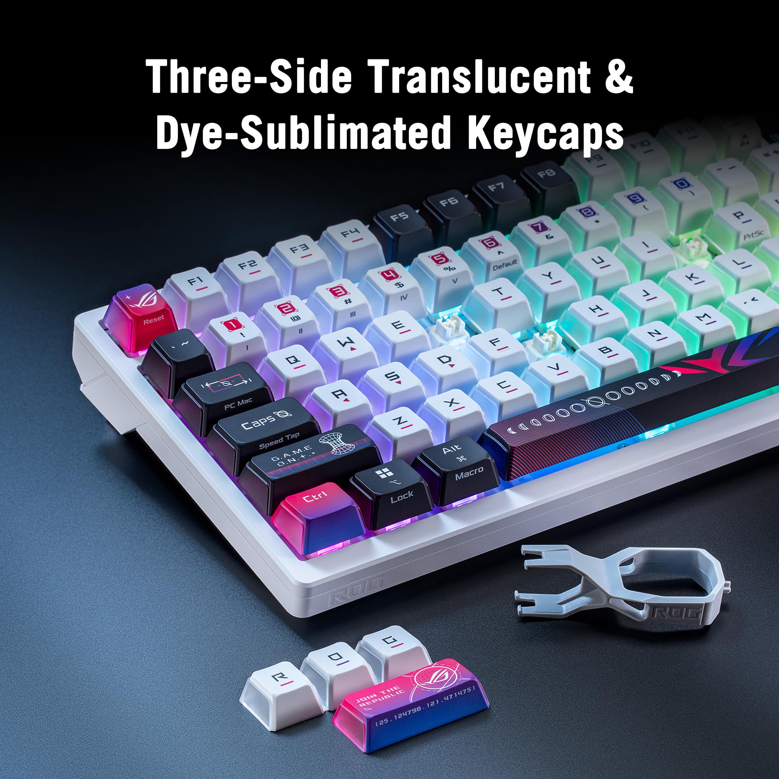 Three-Side Translucent & Dye-Sublimated Keycaps FW FID FB F7 O 1 F6 B F5 F4 7 E F 1 I F2 5 Delad IC F1 4 V Y IX E TV T IL T S - H Planeut 1 M 1 E a 1 I2 - - F Q D S 1 O A PC Mic a O Caps Z TH Speed N A GAME Maro Ctrl Lock 2 a PHSC R l le E I7S! MEP S7 7S 12%.