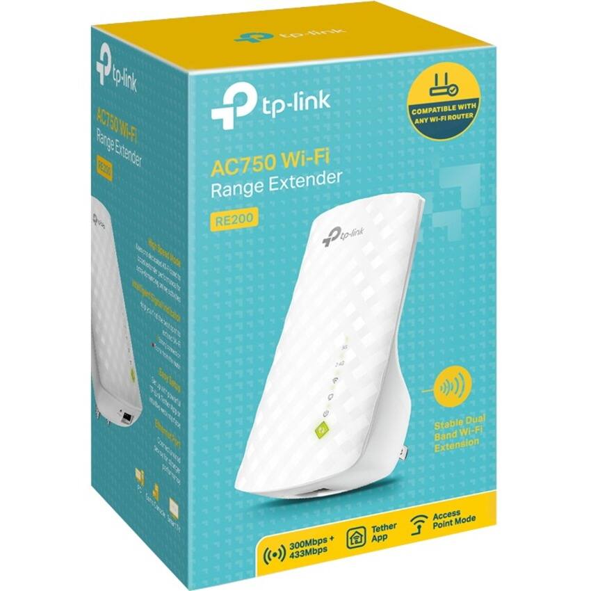 TP-Link AC750 Wi-Fi Range Extender RE200

- Compatible with any Wi-Fi router
- Stable Dual Band Wi-Fi Extension
- 300Mbps + 433Mbps
- Tether App Access Point Mode
- Easy Setup