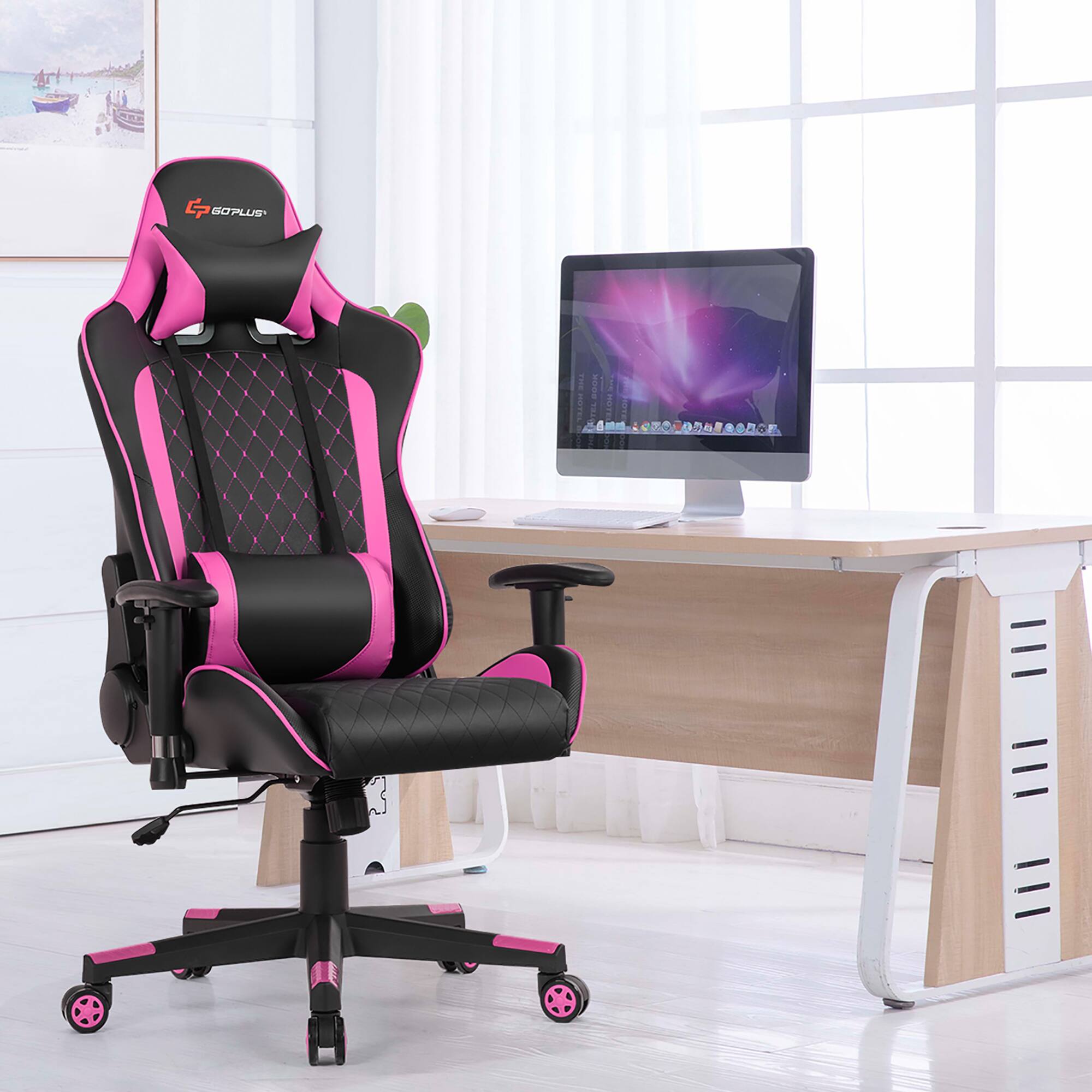 Angle. Costway - Massage Gaming Chair with Headrest - Pink and Black.