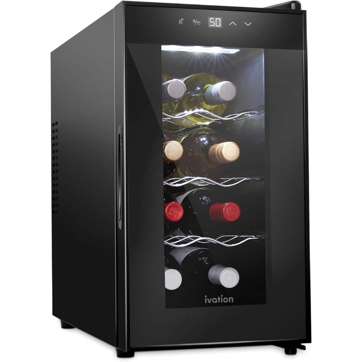Ivation - 8 Bottle Wine Fridge Freestanding Small Wine Cooler Refrigerator with Glass Door - Black