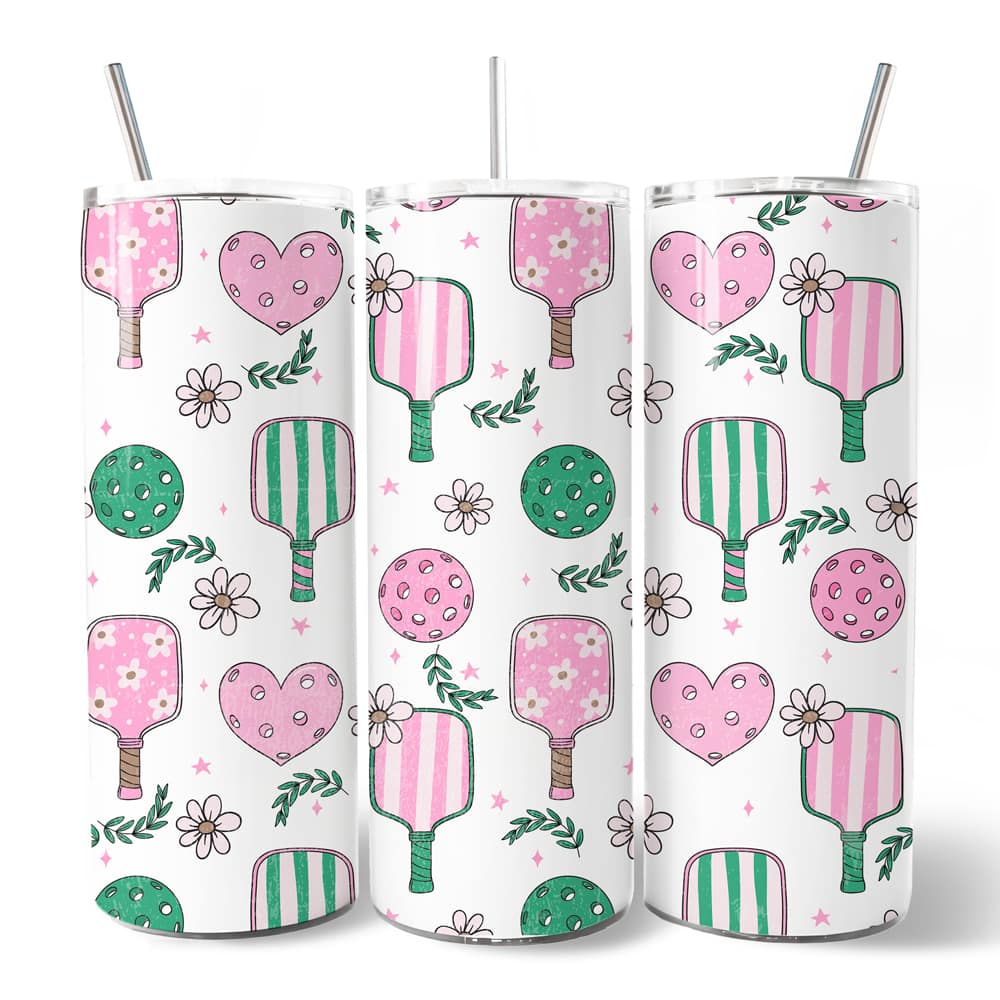 OrnamentallyYou - Sporty Coquette Pink Retro Pickleball 20oz Tumbler With Stainless Steel Straw, Valentine Gift - Multicolored