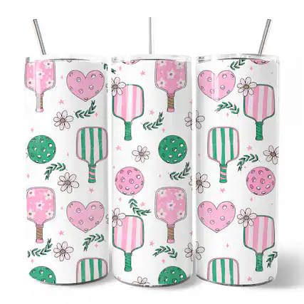 Front. OrnamentallyYou - Sporty Coquette Pink Retro Pickleball 20oz Tumbler With Stainless Steel Straw, Valentine Gift - Multicolored.