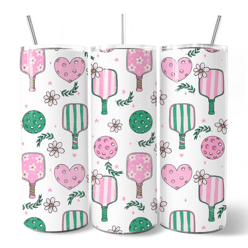 Front. OrnamentallyYou - Sporty Coquette Pink Retro Pickleball 20oz Tumbler With Stainless Steel Straw, Valentine Gift - Multicolored.
