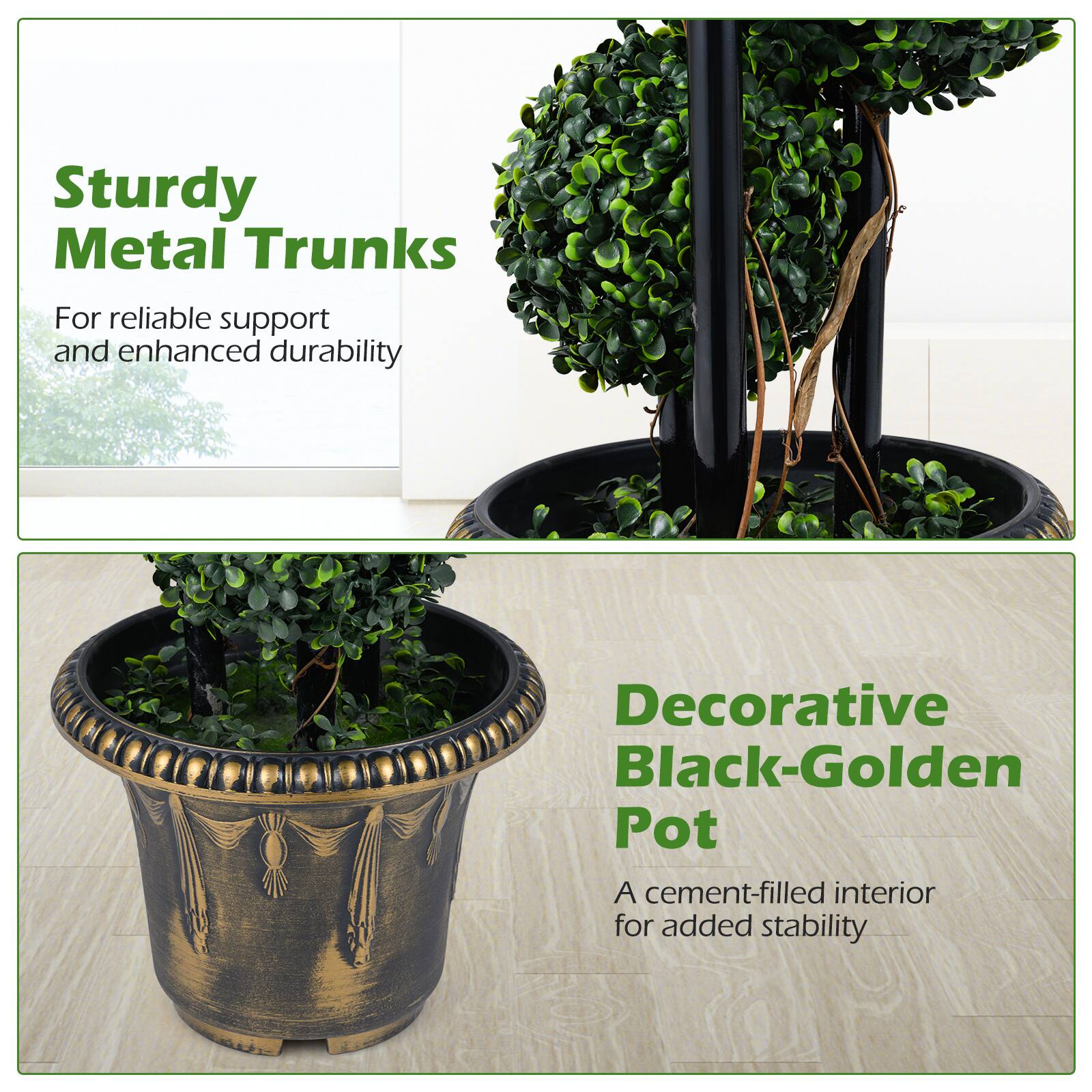Sturdy Metal Trunks  
For reliable support and enhanced durability  

Decorative Black-Golden Pot  
A cement-filled interior for added stability