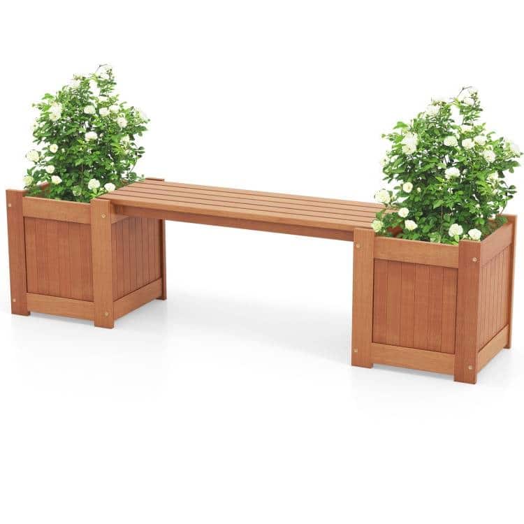 SlickBlue - Durable Farmhouse Wooden Planter Box and Garden Bench Combo - Brown