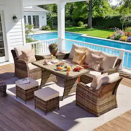 Yardgrace - 6-Piece Patio Conversation Set: 2 Rocker Chairs, Sofa, 2 Ottomans & Coffee Table, Outdoor Sectional - Brown