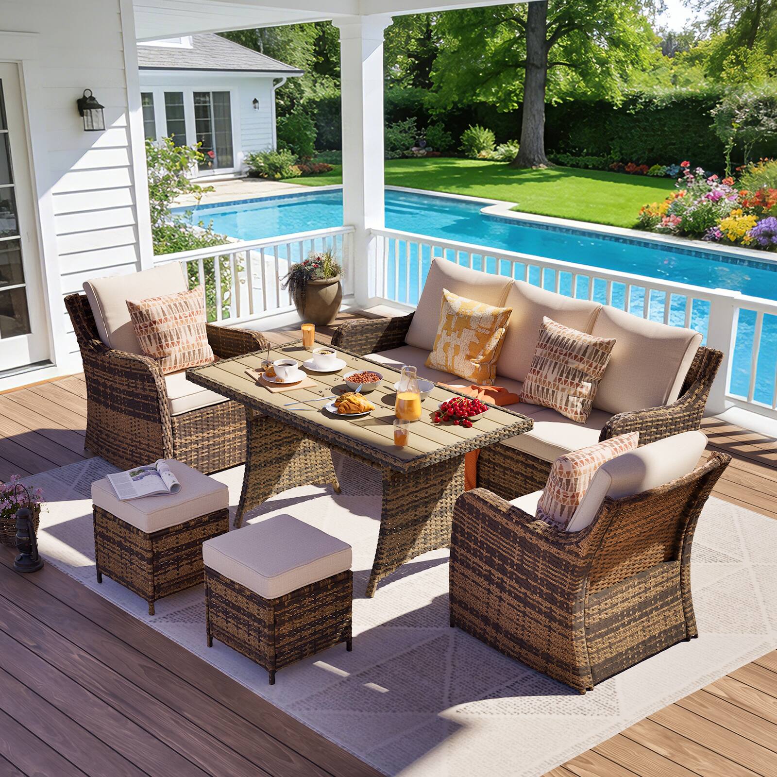 Yardgrace - 6-Piece Patio Conversation Set: 2 Rocker Chairs, Sofa, 2 Ottomans & Coffee Table, Outdoor Sectional - Brown