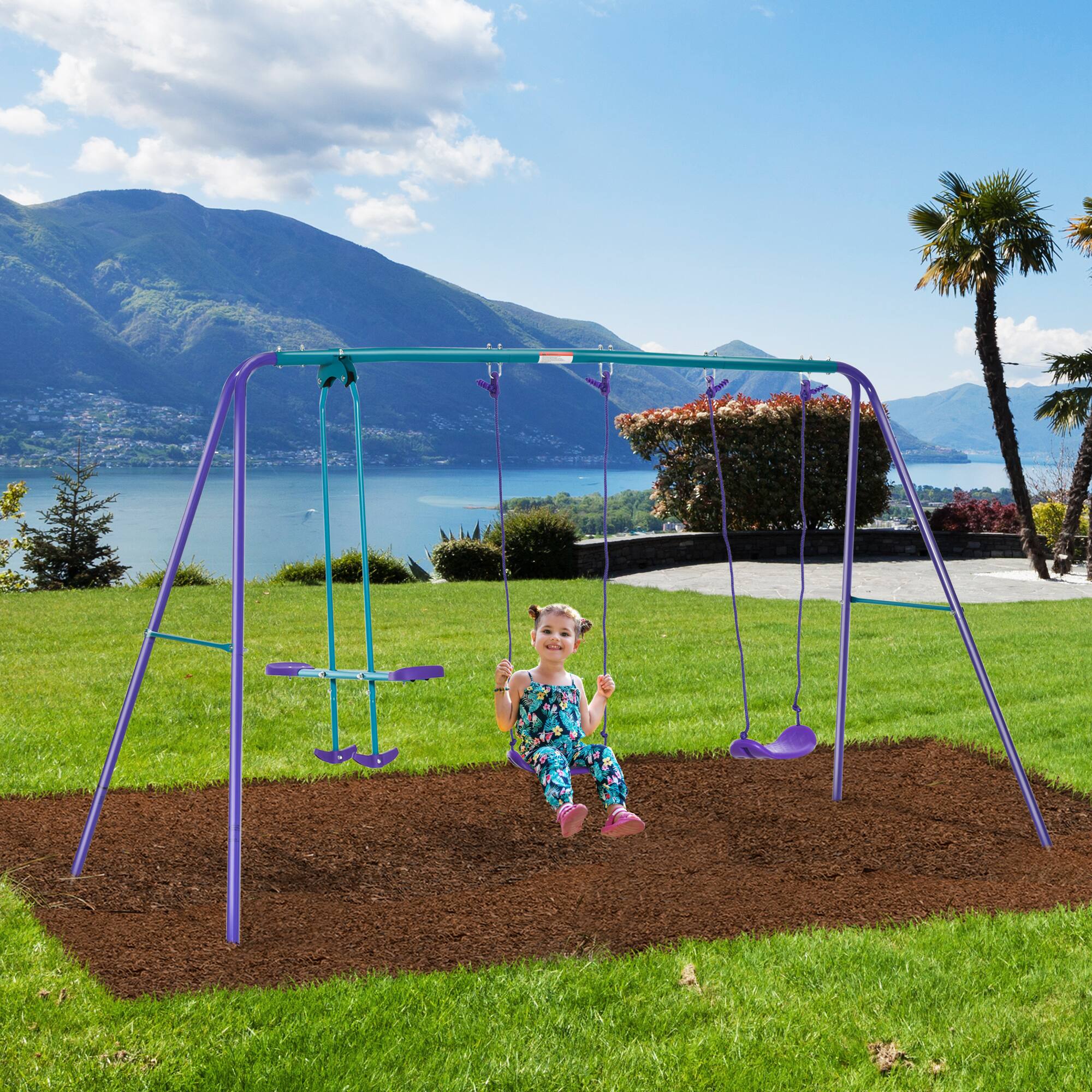 Angle. Siljoy - Purple Metal Swing Set with Glider & 2 Swing Seats, Adjustable Height, 396lb Capacity, A‑Frame Backyard - Purple.