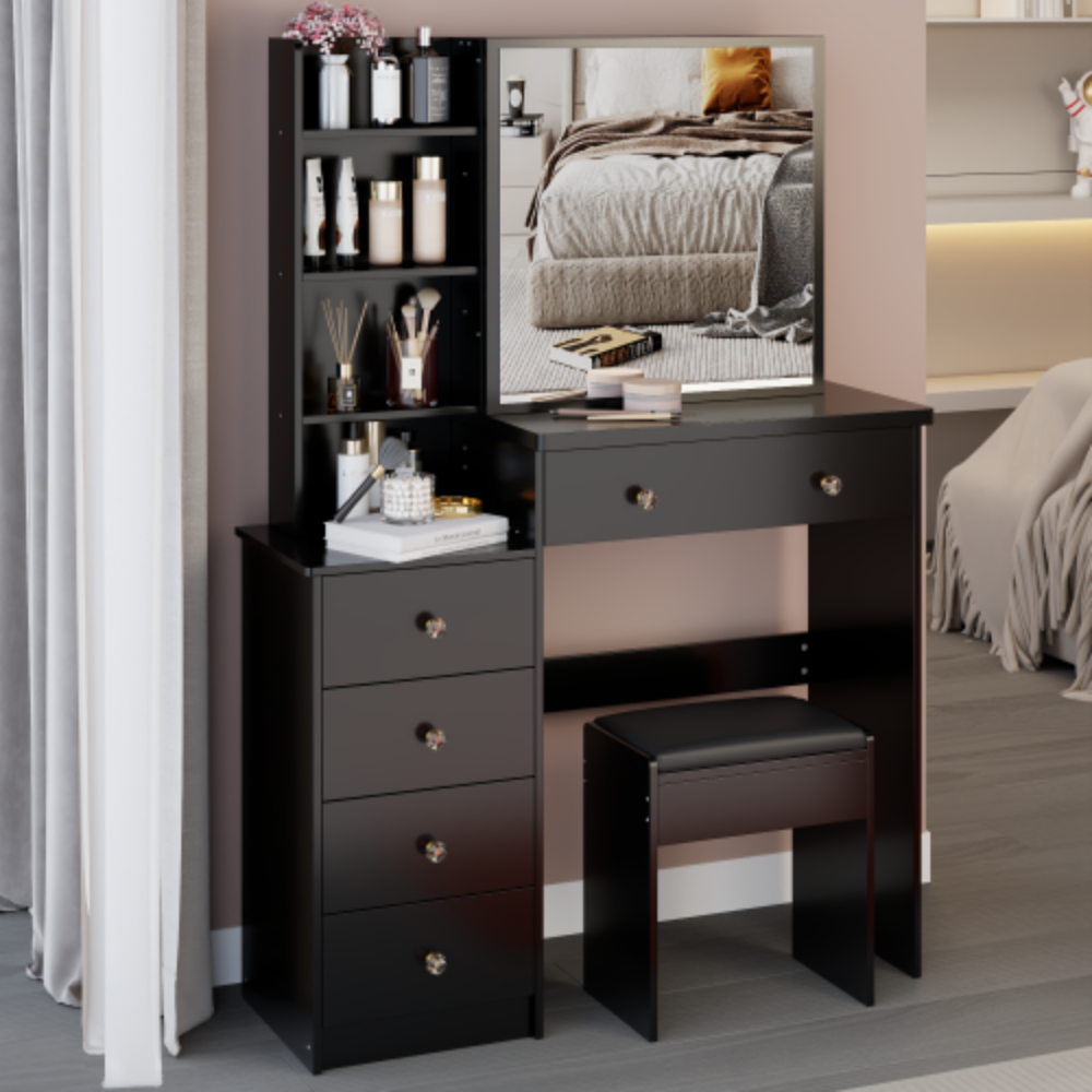 Angle. LUCKY ONE - 37in Freestanding Vanity Set with Sliding Mirror, Stool and Multi-Layer Storage for Bedroom - Black.