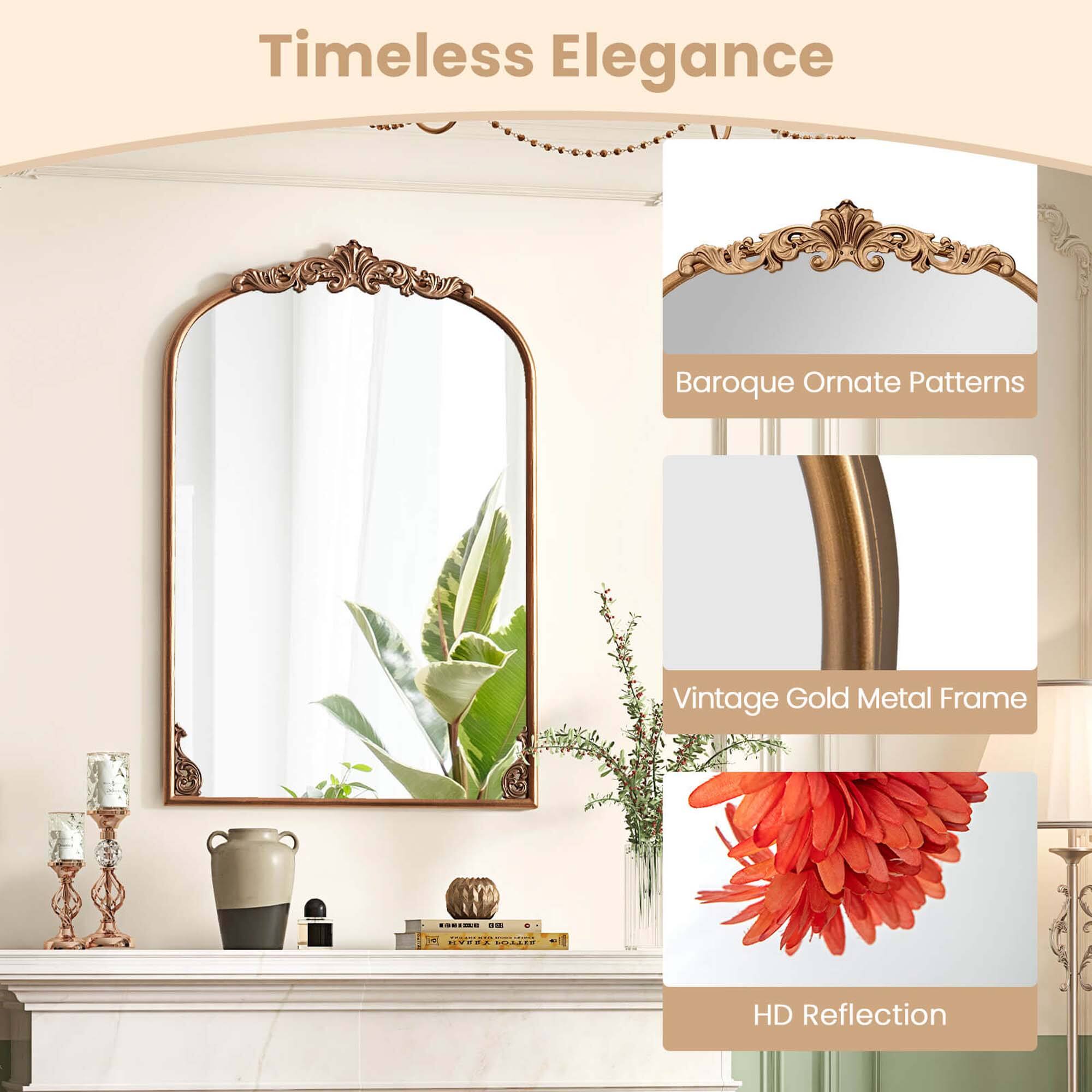 Timeless Elegance  
Baroque Ornate Patterns  
Vintage Gold Metal Frame  
HD Reflection