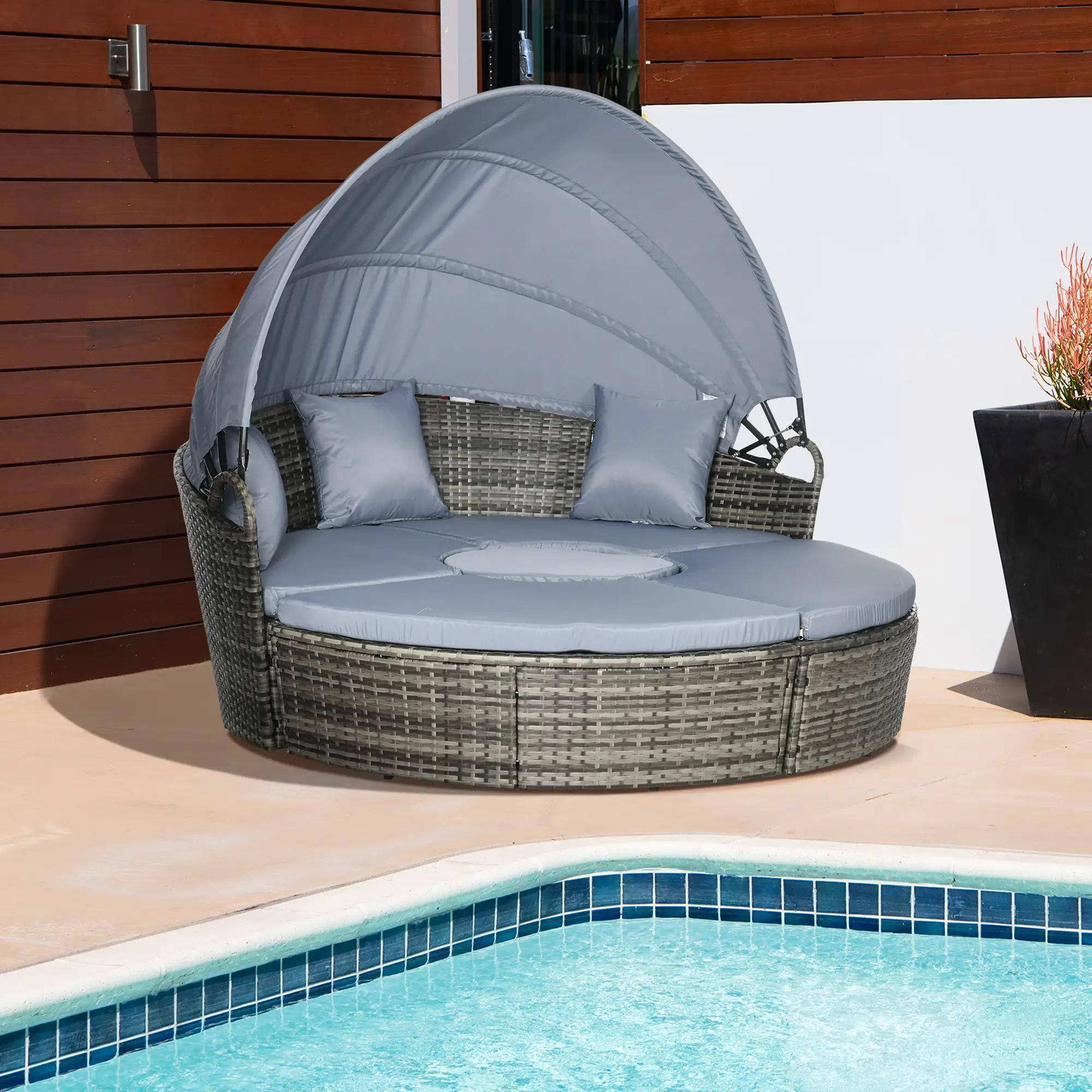 Left. Resenkos - Resenkos 4 Pieces Round Rattan Daybed, Outdoor Sectional Furniture, Polyethylene Rattan, Light Gray - Light Gray.