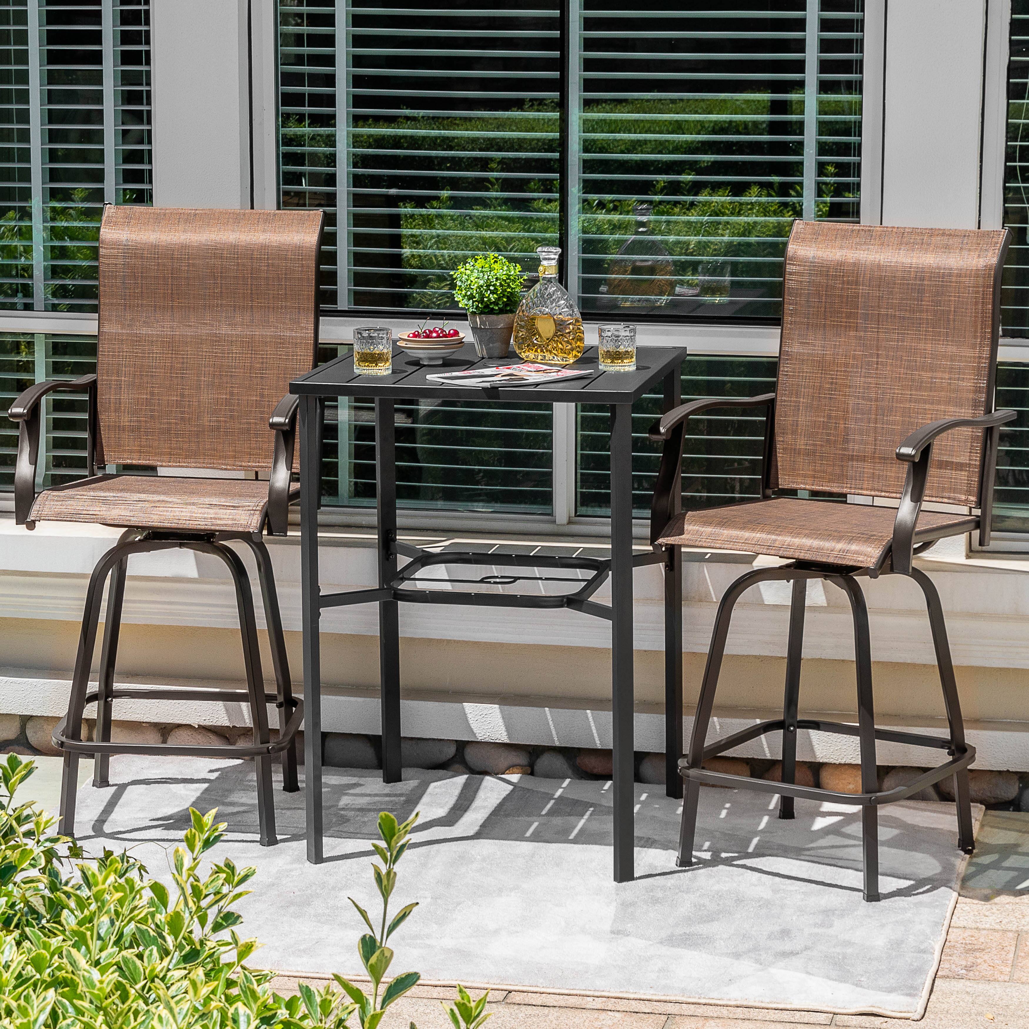 Left. Nuu Garden - Outdoor 3-Piece Textilene Bar Set, Swivel Bar Stools and Umbrella Hole - Black and Brown.