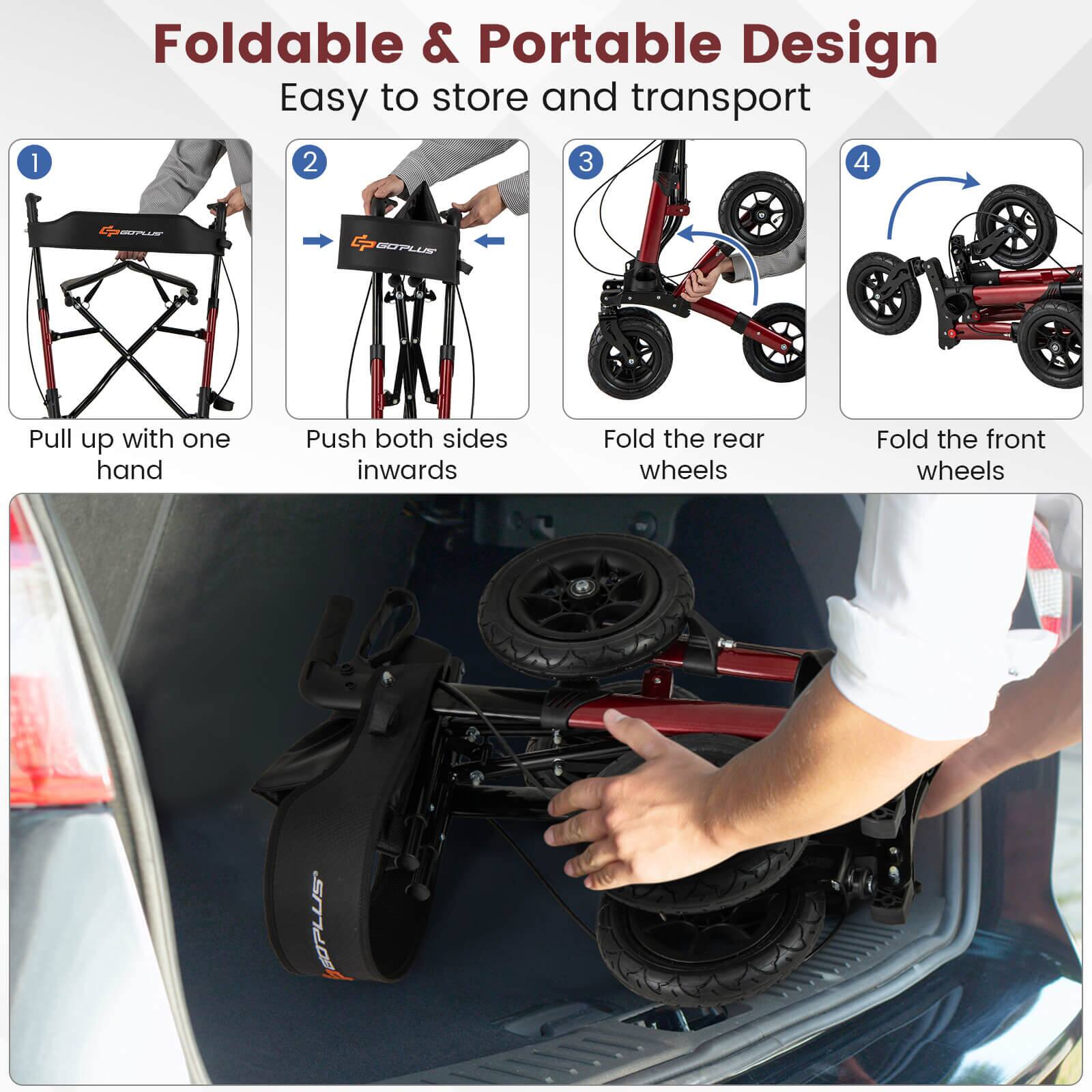 Foldable & Portable Design
Easy to store and transport
1. Pull up with one hand
2. Push both sides inwards
3. Fold the rear wheels
4. Fold the front wheels