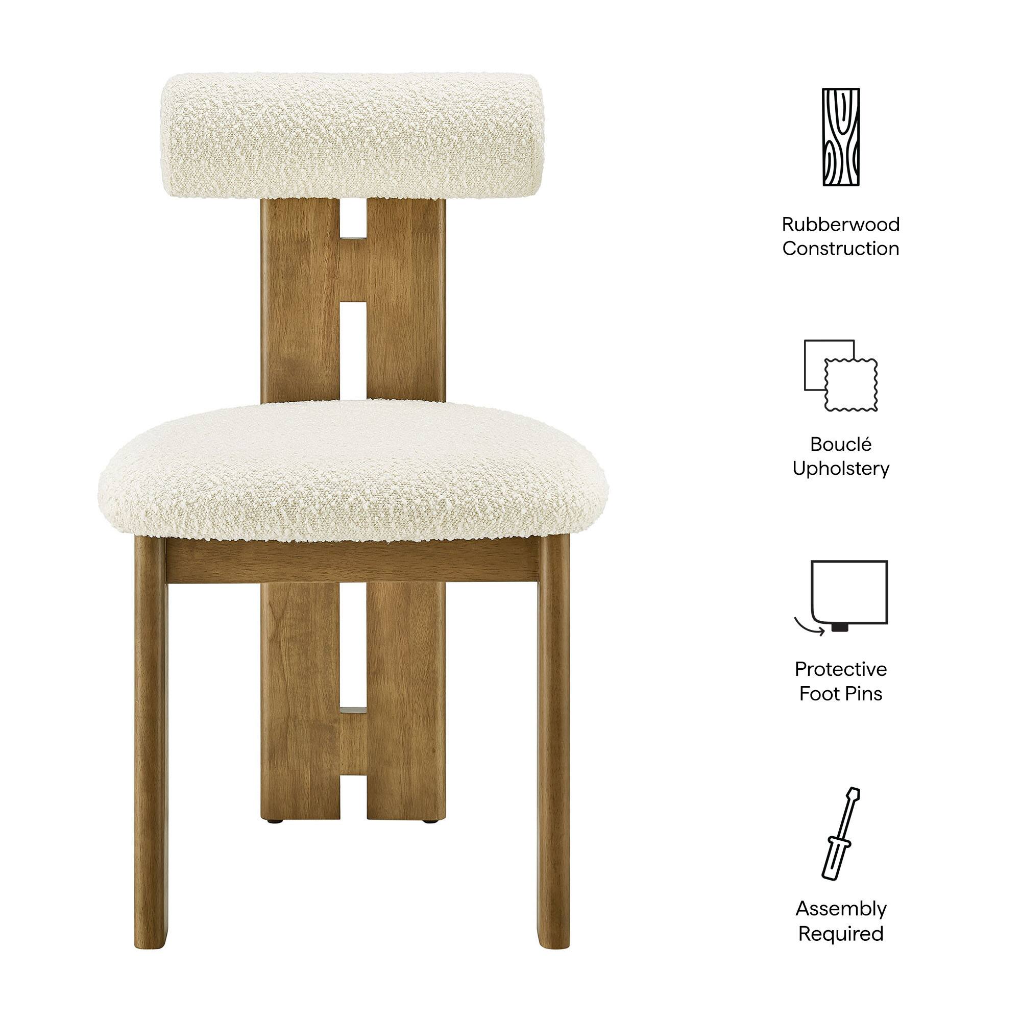 - Rubberwood Construction
- Bouclé Upholstery
- Protective Foot Pins
- Assembly Required