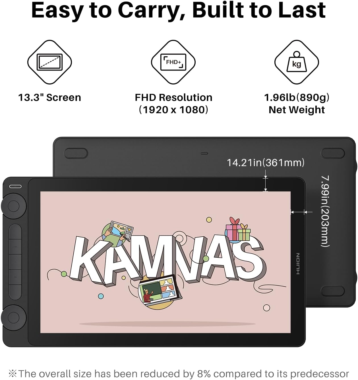 Easy to Carry, Built to Last

- 13.3" Screen
- FHD Resolution (1920 x 1080)
- 1.96lb (890g) Net Weight
- 14.21in (361mm) x 7.99in (203mm)

KAMVAS

The overall size has been reduced by 8% compared to its predecessor