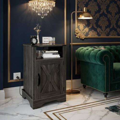 Angle. LUCKY ONE - 16" Assembled Farmhouse Nightstand with Charging Station USB - Dark Grey.