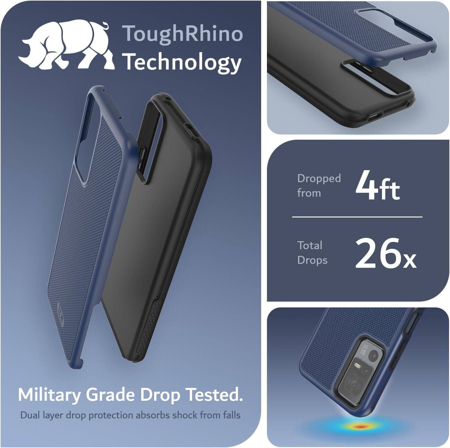 ToughRhino Technology

Dropped from 4ft  
Total Drops 26x

Military Grade Drop Tested.  
Dual layer drop protection absorbs shock from falls