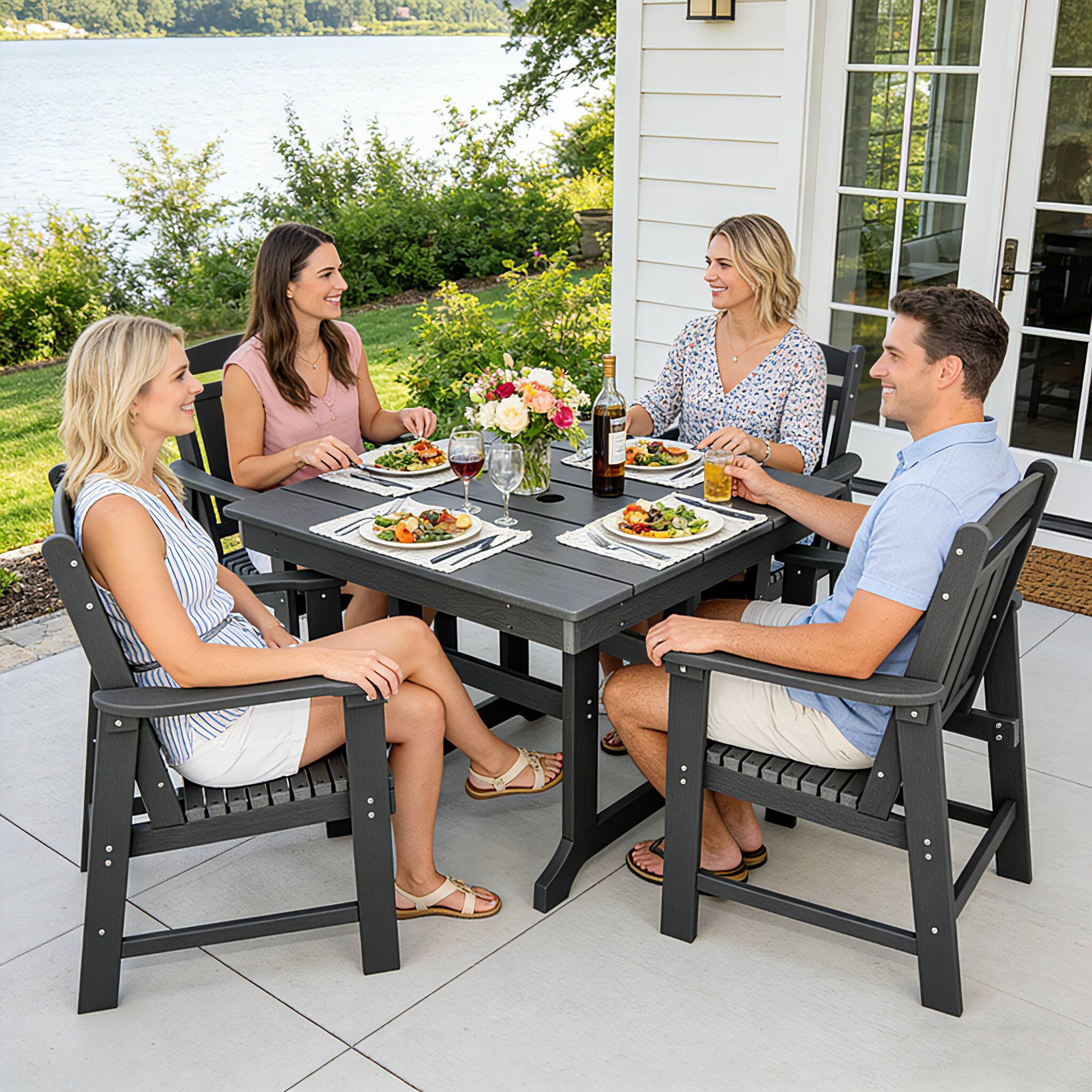 Angle. Fortune Candy - HDPE Patio Dining Set, 5-Piece Poly Lumber Table & Chairs with Umbrella Hole, Weather-Resistant for Porch Yard Garden - Gray.