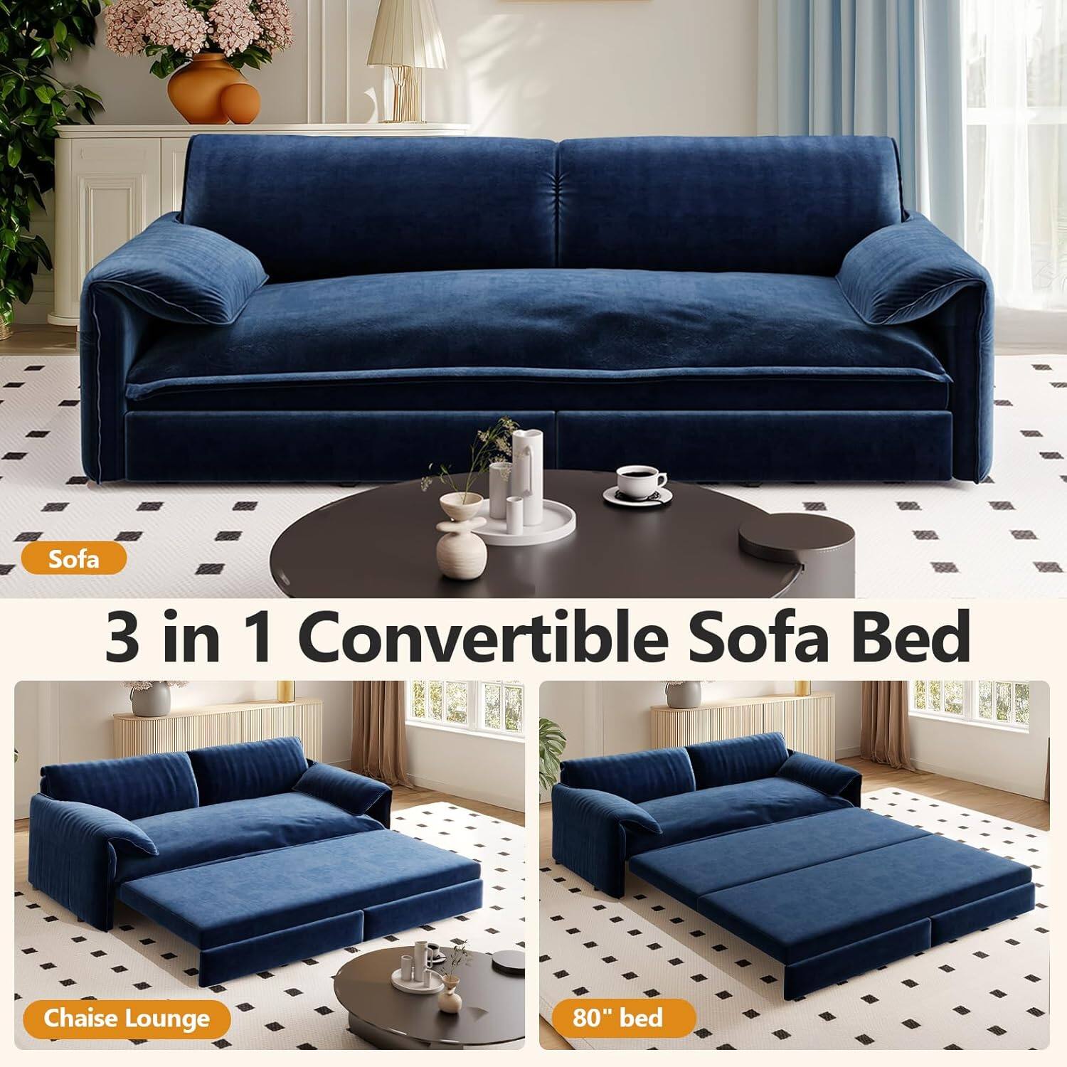 Sofa 3 in 1 Convertible Sofa Bed Chaise Lounge 80" bed