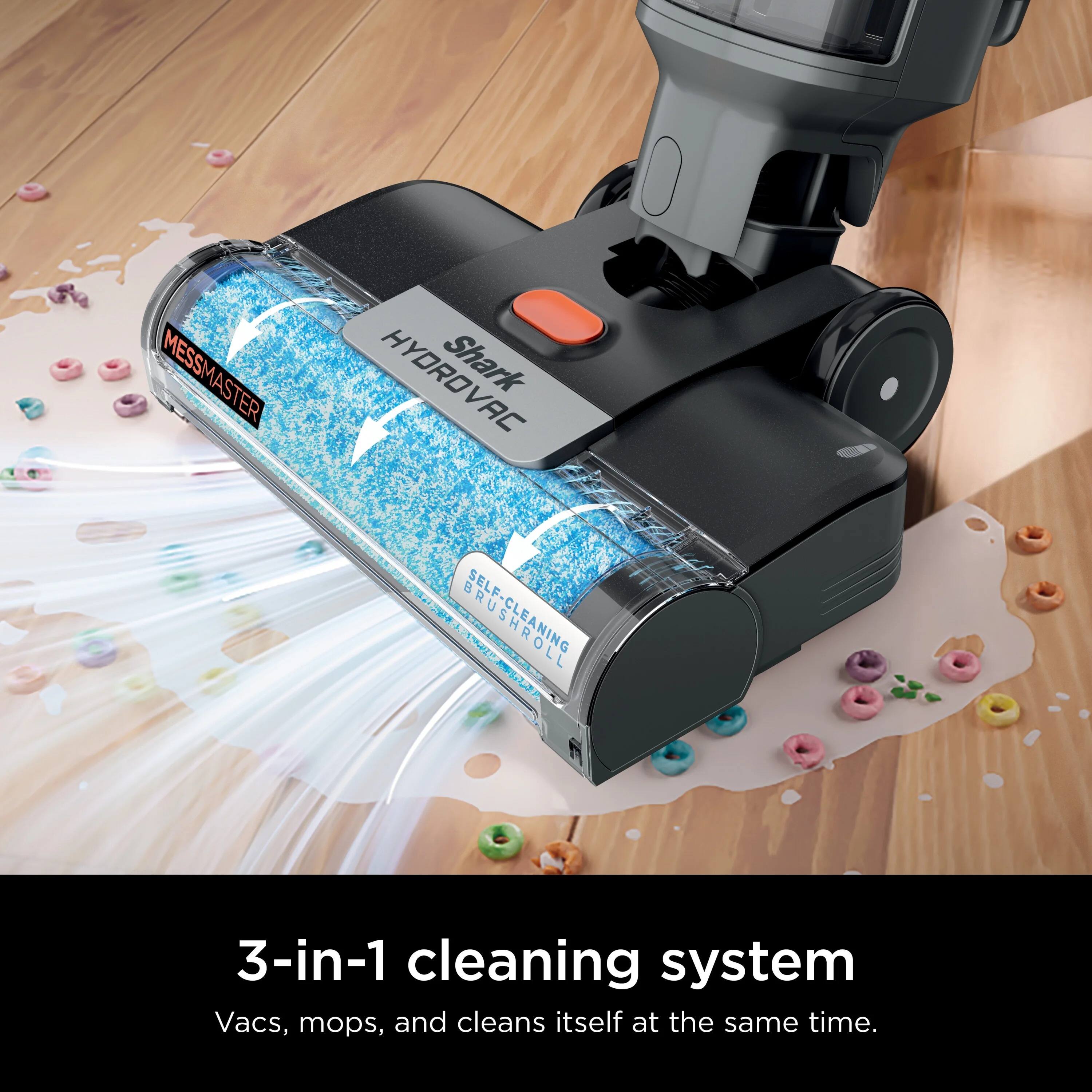 The text on the image reads: "3-in-1 cleaning system Vacs, mops, and cleans itself at the same time."