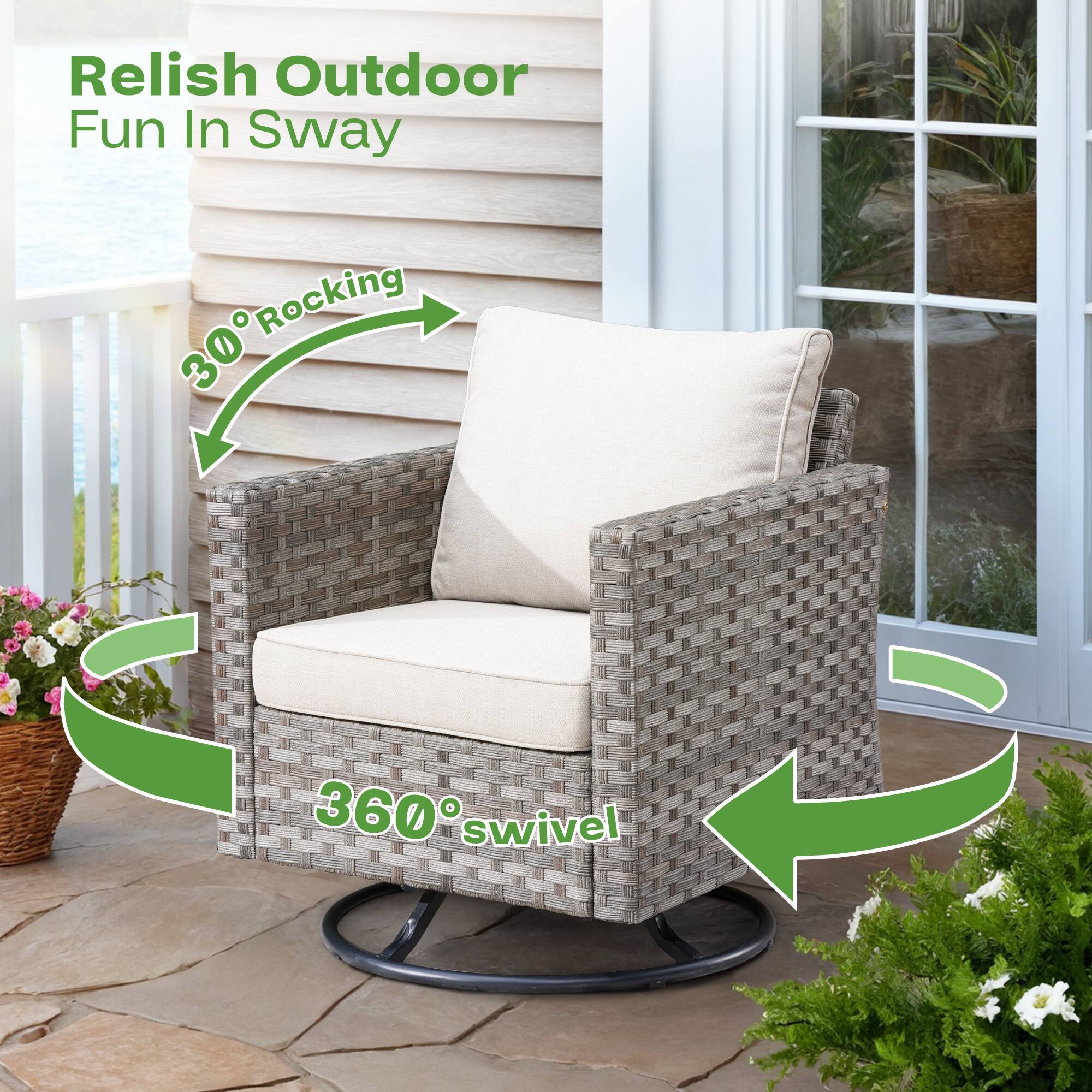 Relish Outdoor Fun In Sway

30° Rocking

360° Swivel