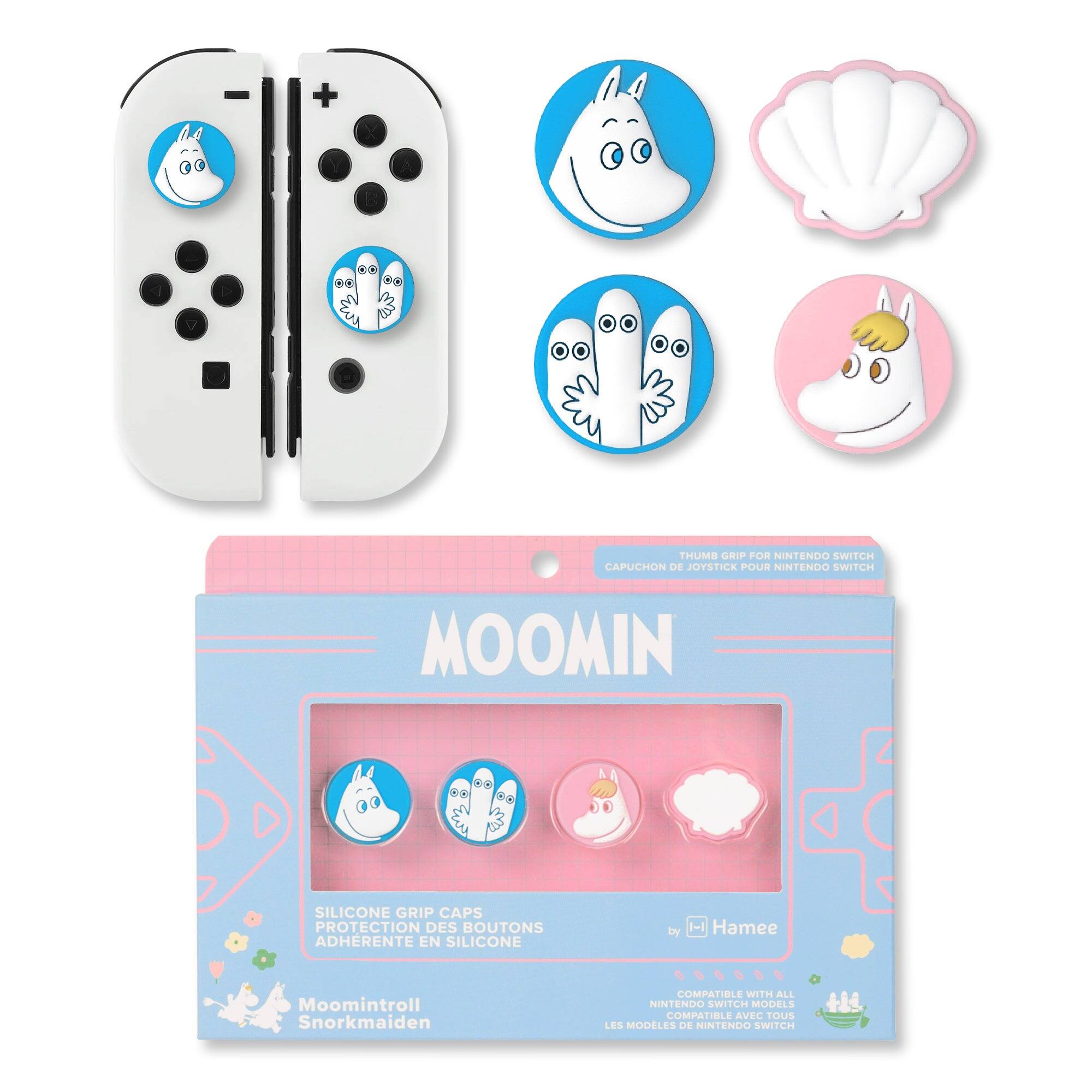 00 00 .. m TWI w

THUMB GRIP FOR NIINTENDO SWITCH CAPUCHON DE JOYSTICK POUR NINTENDO SWITCH

MOOMIN

SILICONE GRIP CAPS PROTECTION DES BOUTONS ADHÉRENTE EN SILICONE

by Hamee

Moomintroll Snorkmaiden

COMPATIBLE WITH ALL NINTENDO SWITCH MODELS COMPATIBLE AVEC TOUS LES MODÈLES DE NINTENDO SWITCH