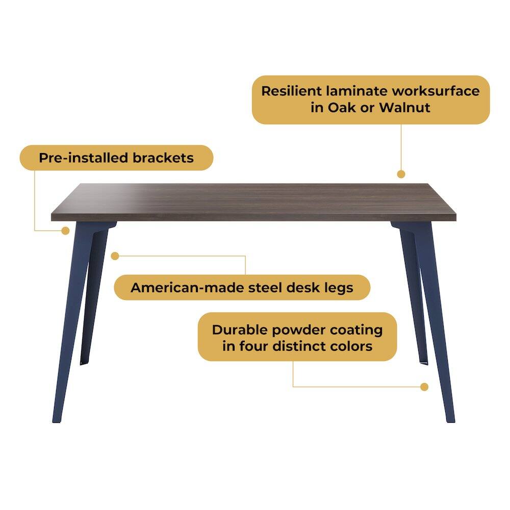 Resilient laminate worksurface in Oak or Walnut  
Pre-installed brackets  
American-made steel desk legs  
Durable powder coating in four distinct colors