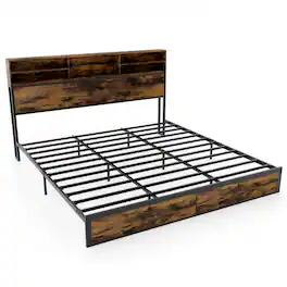 SlickBlue - Industrial Metal Platform Bed Frame with Storage Headboard for Bedroom - Rustic Brown