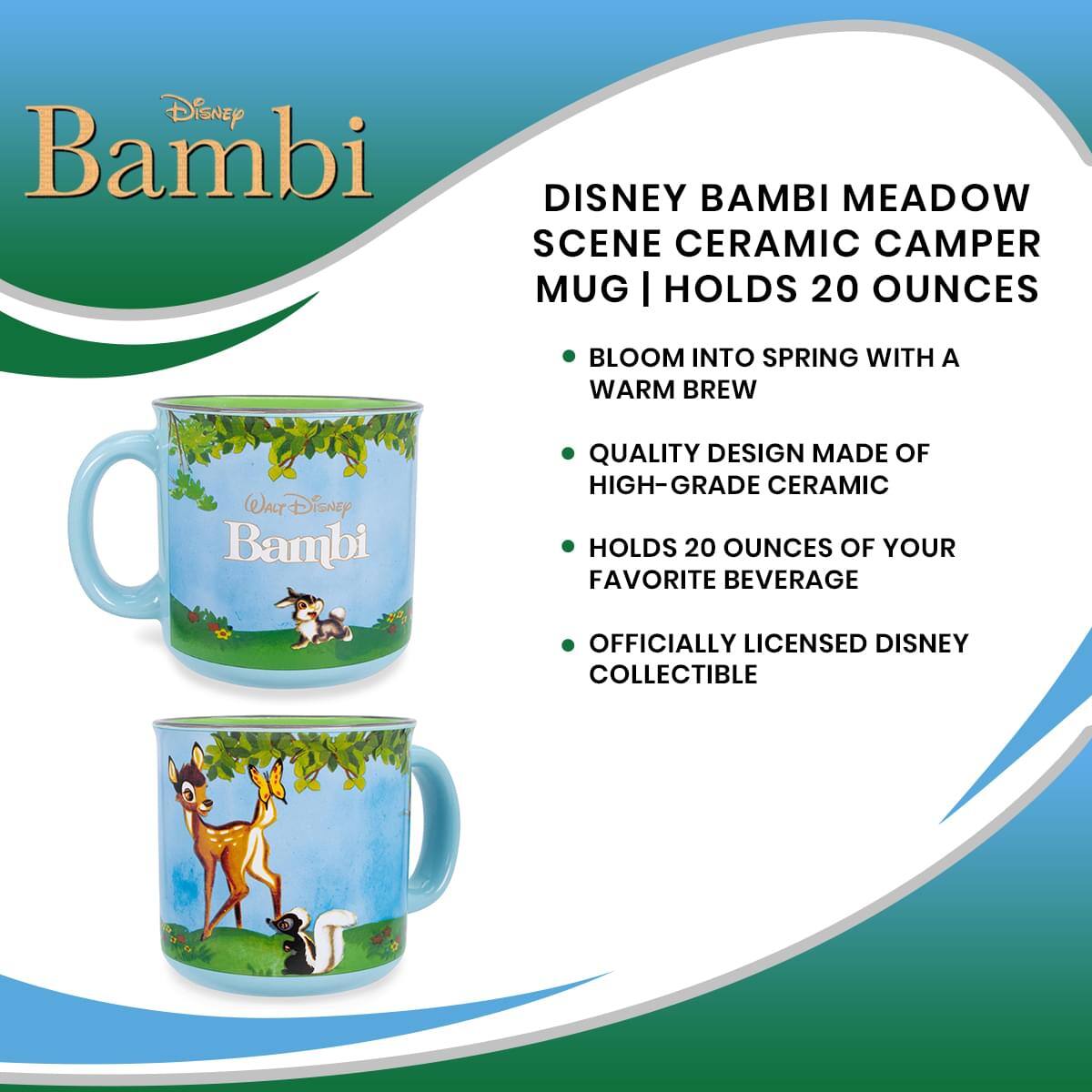 Disney Bambi Meadow Scene Ceramic Camper Mug | Holds 20 Ounces

- Bloom into spring with a warm brew
- Quality design made of high-grade ceramic
- Holds 20 ounces of your favorite beverage
- Officially licensed Disney collectible