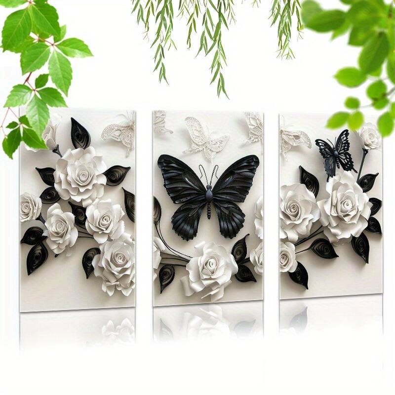 Front. blue - 3 Pieces Set of Framed Wall Art Canvas Prints Featuring a Black Butterfly and White Roses - Perfect for Home, Office, L - Color:12*8inch(30*20cm).